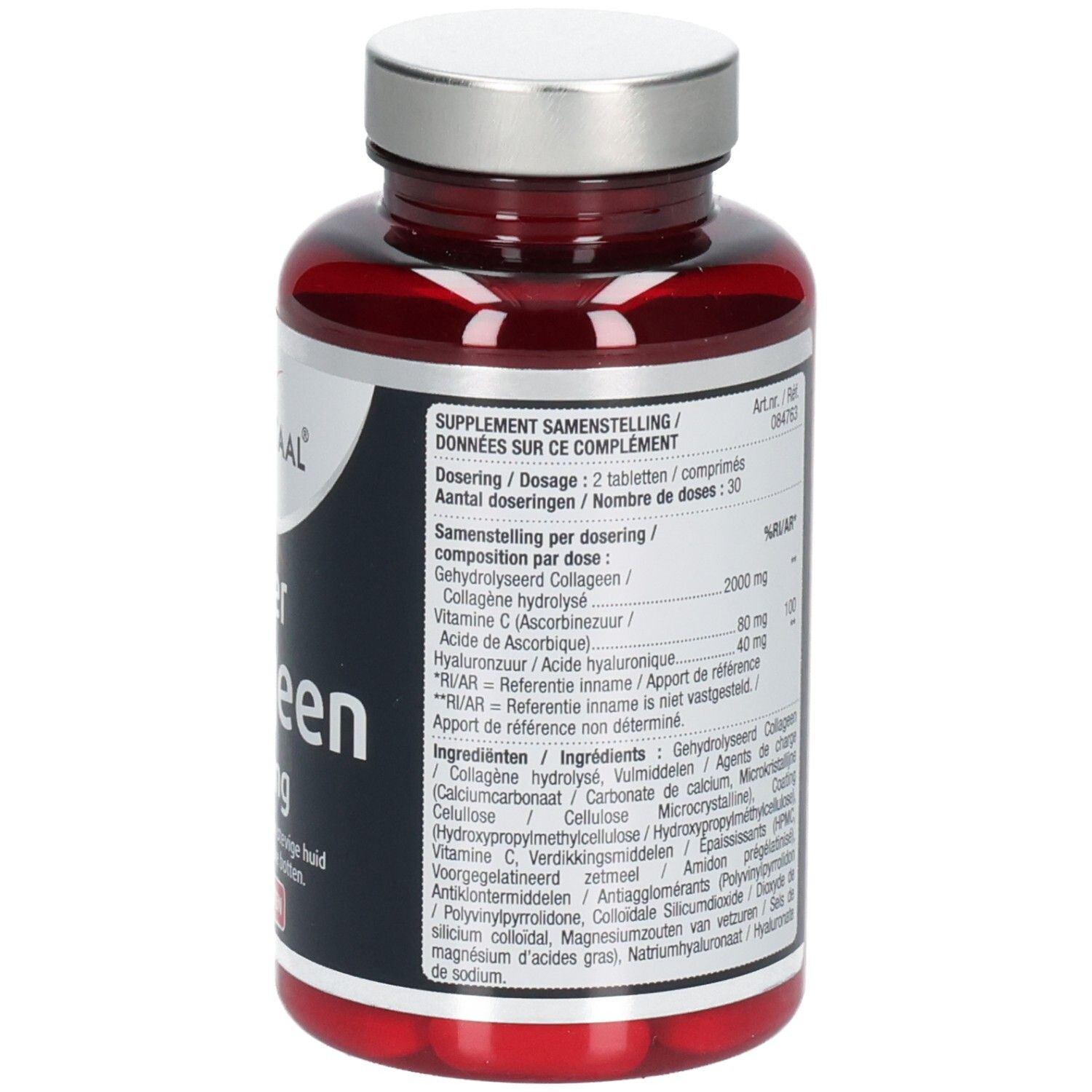 Rote Tablettenflasche mit silbernem Deckel. Rückseite mit Text und Inhaltsangaben. 60 Tabletten.