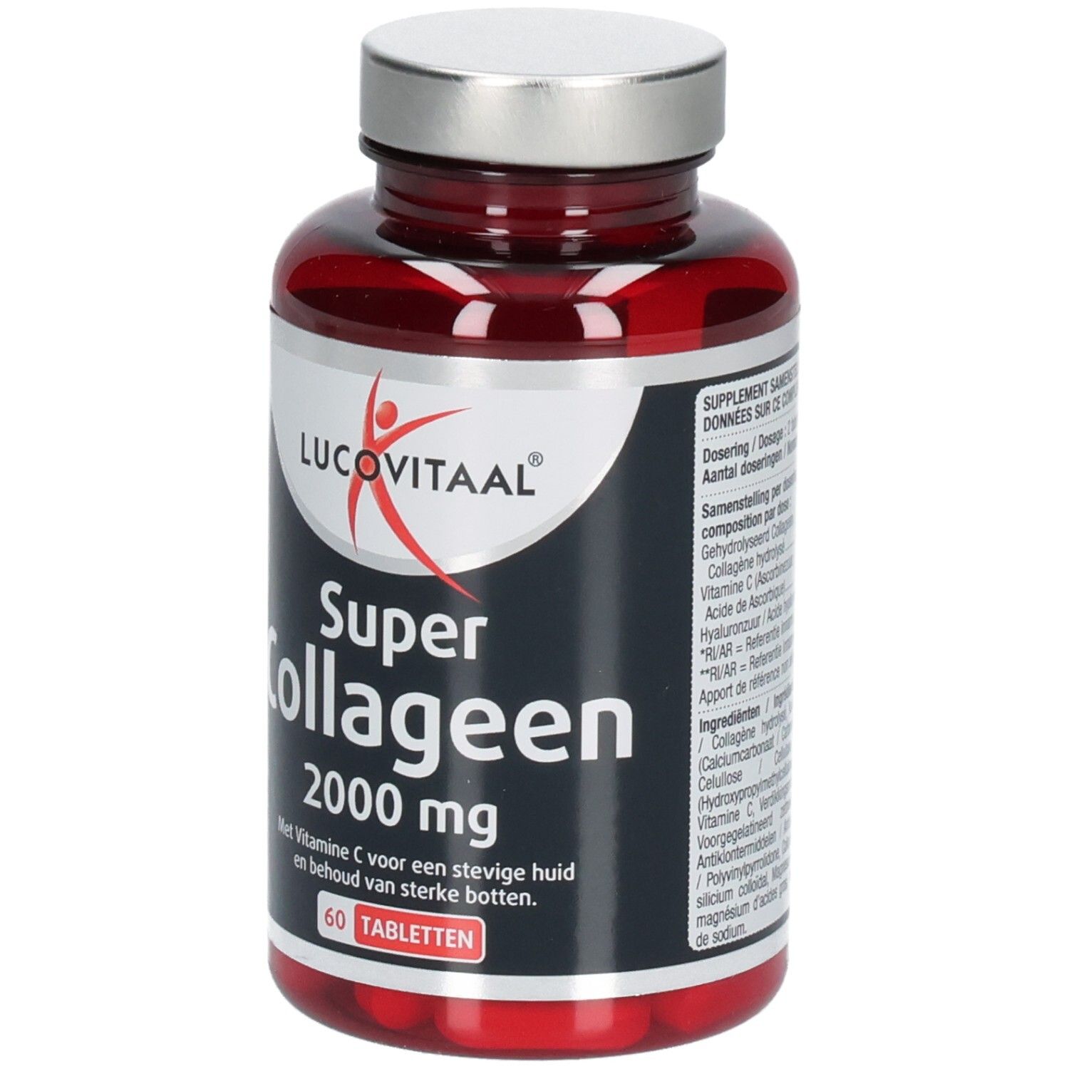 Rote Tablettenflasche mit silbernem Deckel. Aufschrift: Lucovitaal Super Collageen 2000 mg. 60 Tabletten.