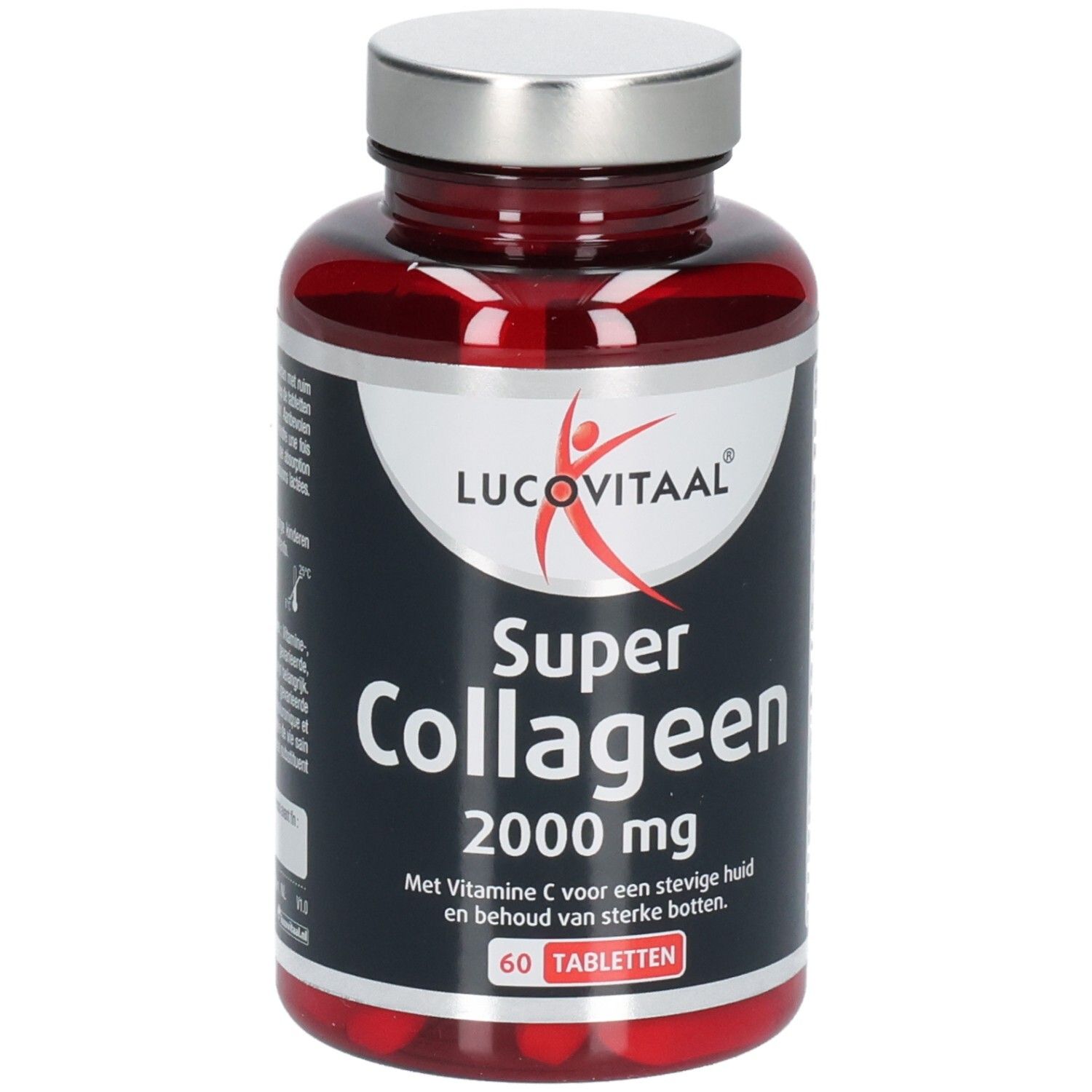 Rote Tablettenflasche mit silbernem Deckel. Aufschrift: Lucovitaal Super Collageen 2000 mg. 60 Tabletten.
