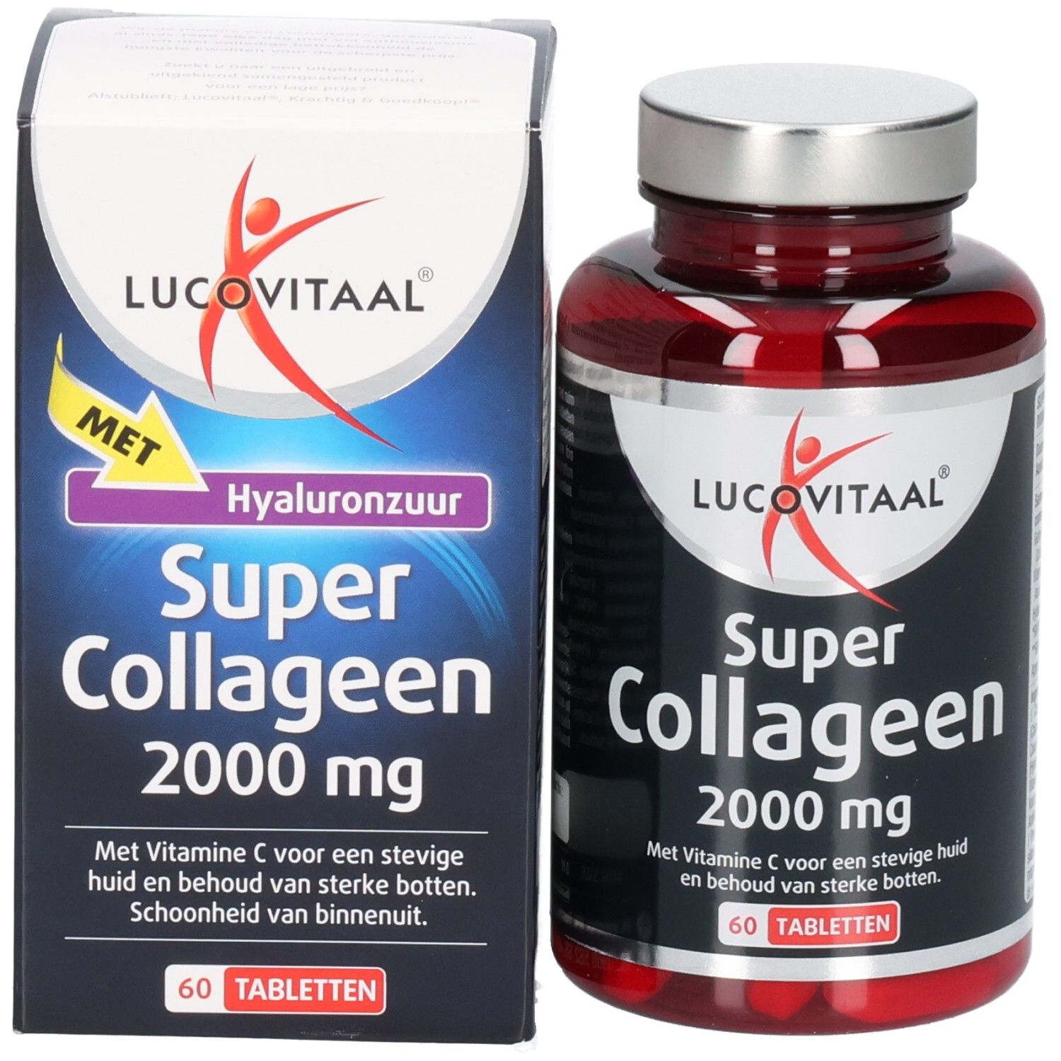 Produktverpackung und Flasche. Aufschrift: Lucovitaal Super Collageen 2000 mg. 60 Tabletten. Mit Hyaluronsäure.