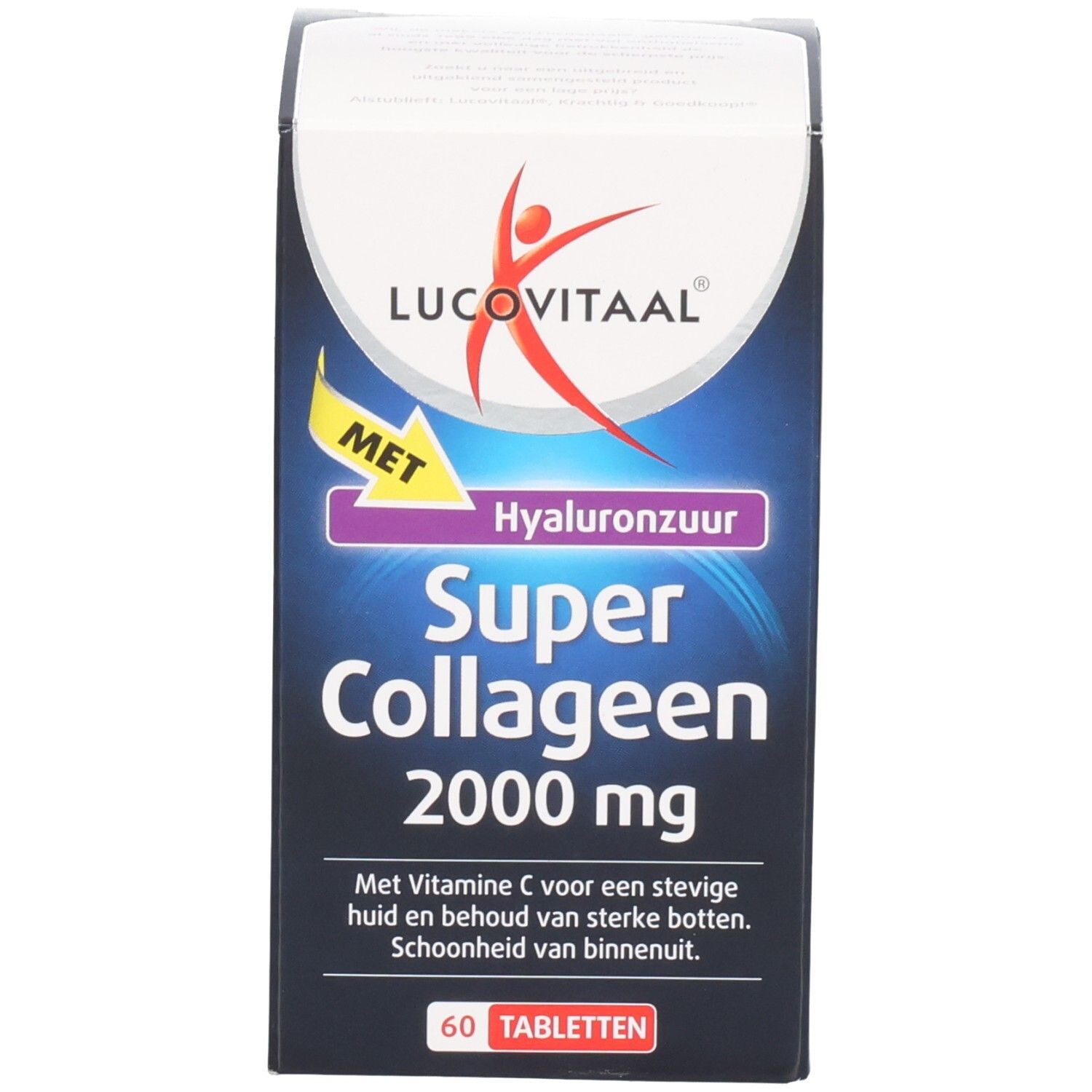 Produktverpackung. Aufschrift: Lucovitaal Super Collageen 2000 mg. 60 Tabletten. Mit Hyaluronsäure.