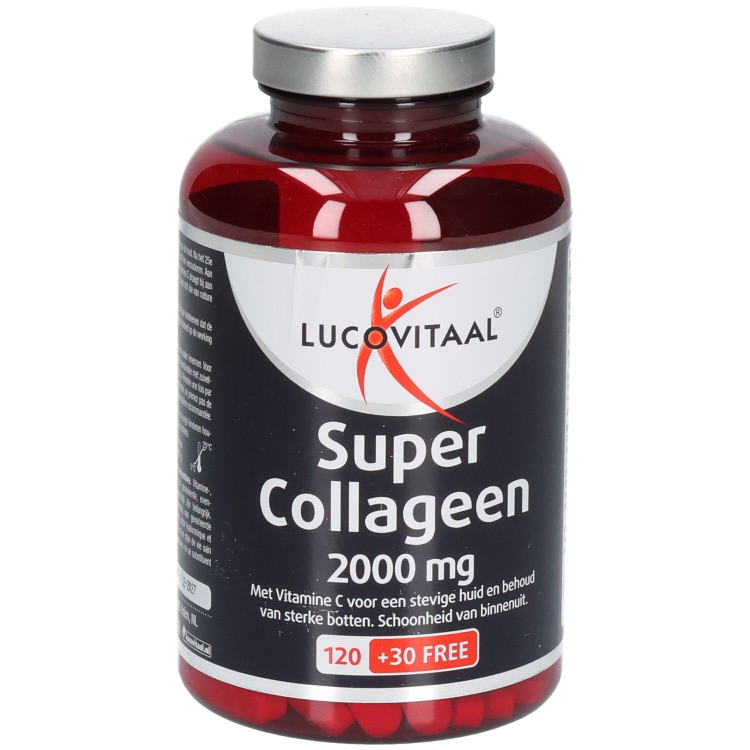 Rote Flasche mit silbernem Deckel. Aufschrift: Lucovitaal Super Collageen 2000 mg. 120 + 30 GRATIS.