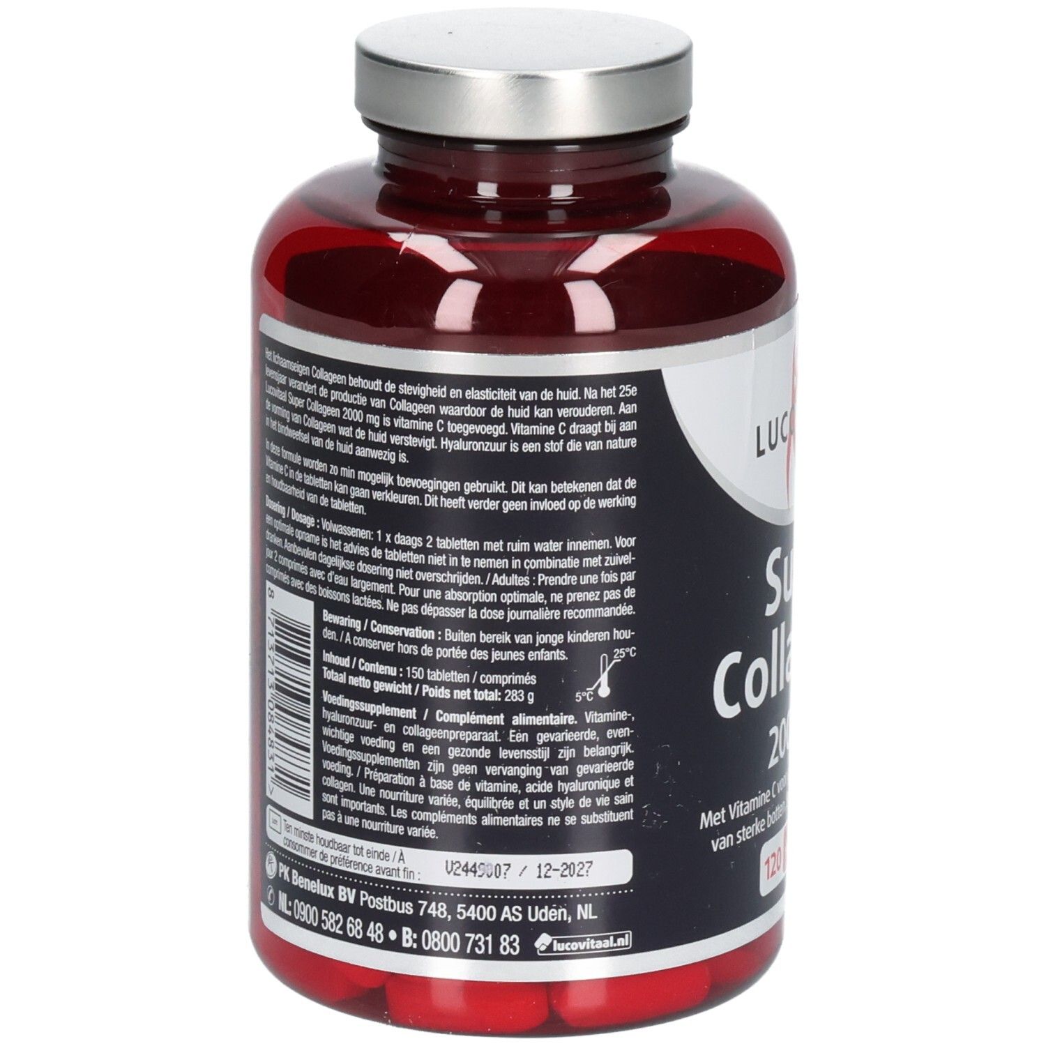Rote Flasche mit silbernem Deckel. Rückseite mit Text. Marke: Lucovitaal. Produkt: Super Collageen 2000 mg.