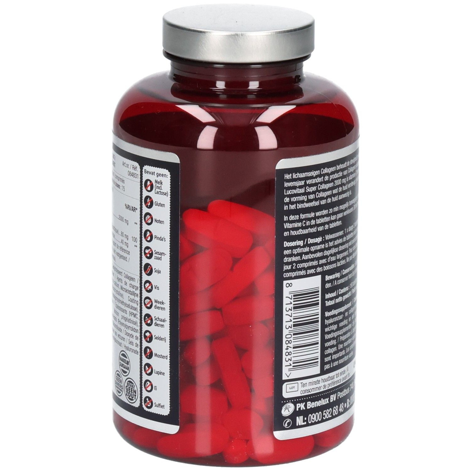Rote Flasche mit silbernem Deckel. Sichtbar sind rote Kapseln. Marke: Lucovitaal. Produkt: Super Collageen.