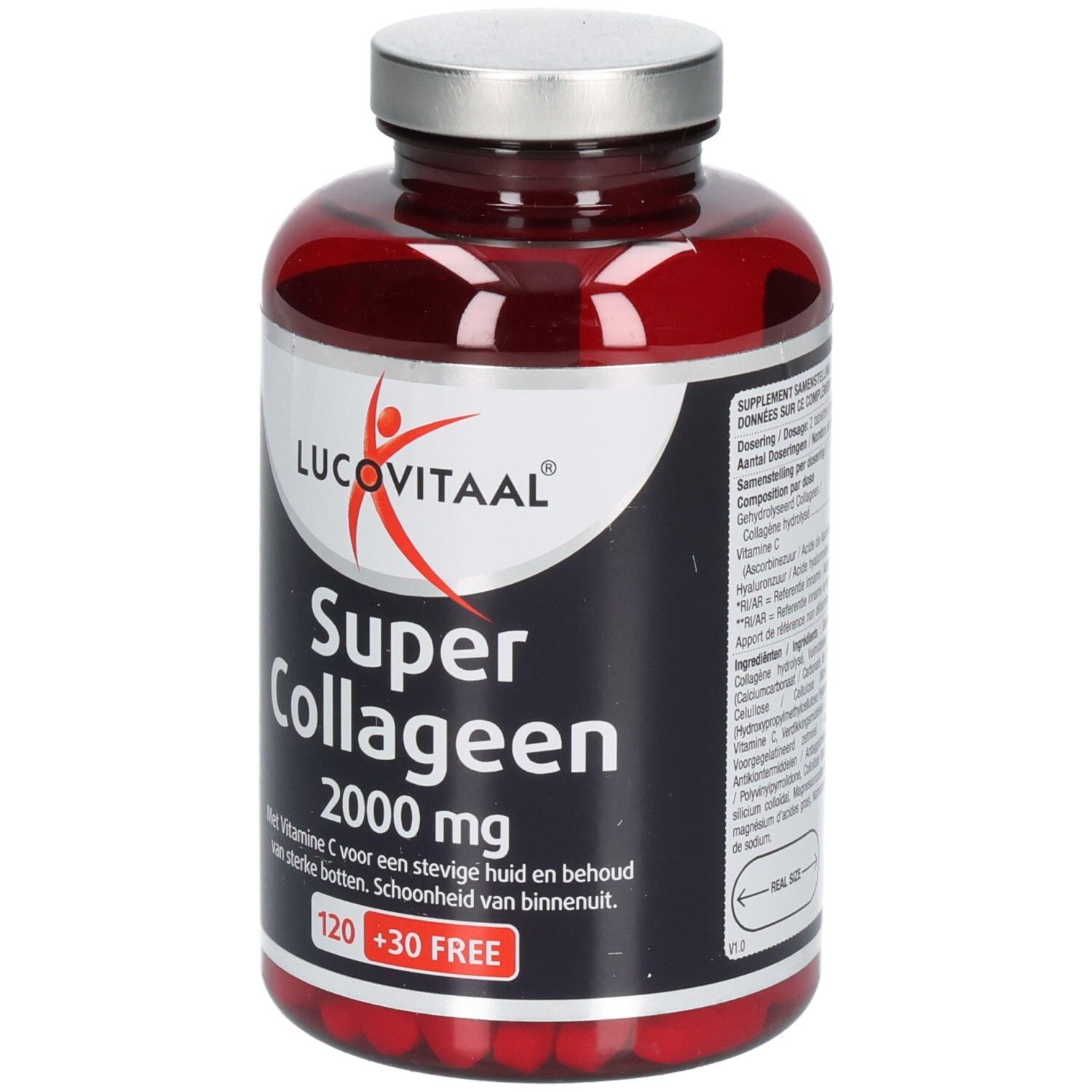 Rote Flasche mit silbernem Deckel. Aufschrift: Lucovitaal Super Collageen 2000 mg. 120 + 30 GRATIS.