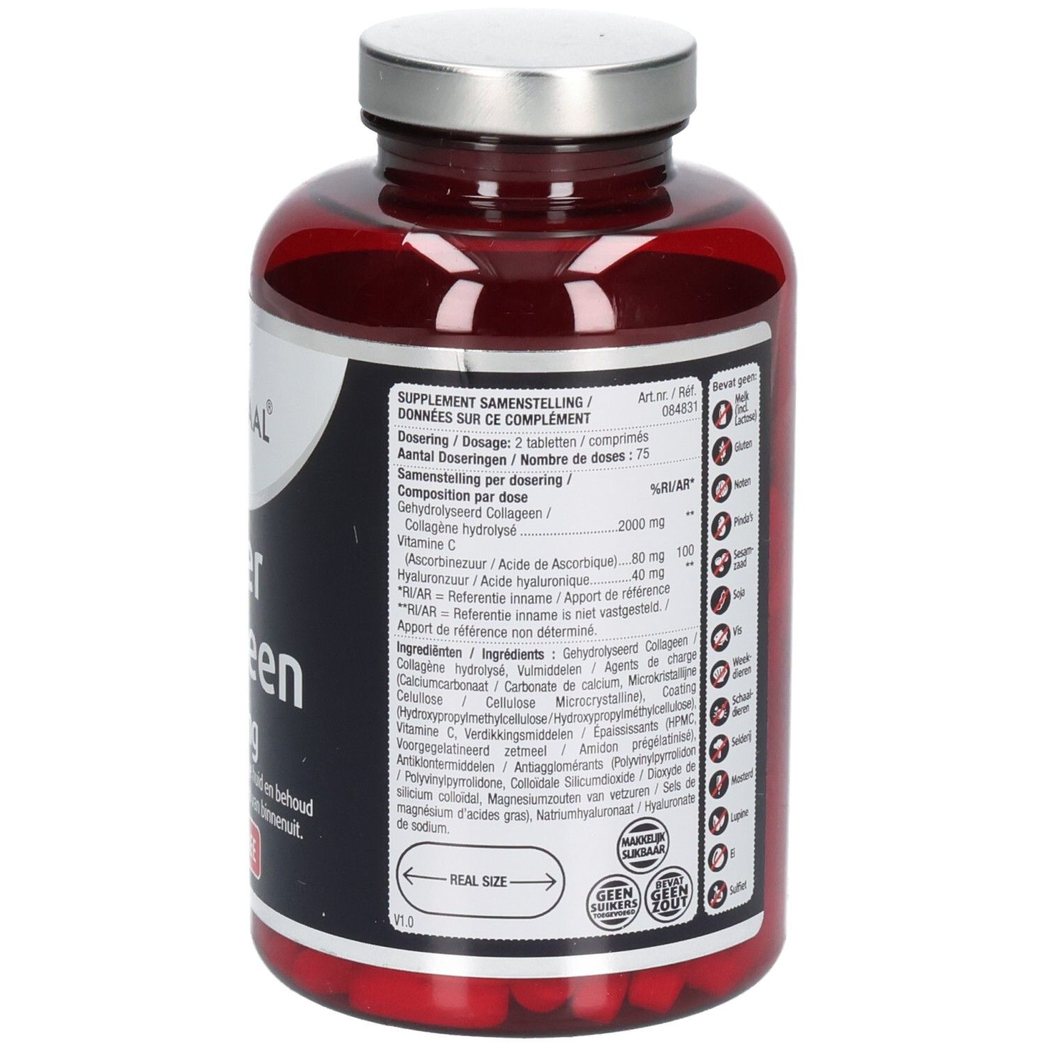 Rote Flasche mit silbernem Deckel. Rückseite mit Text. Marke: Lucovitaal. Produkt: Super Collageen 2000 mg.