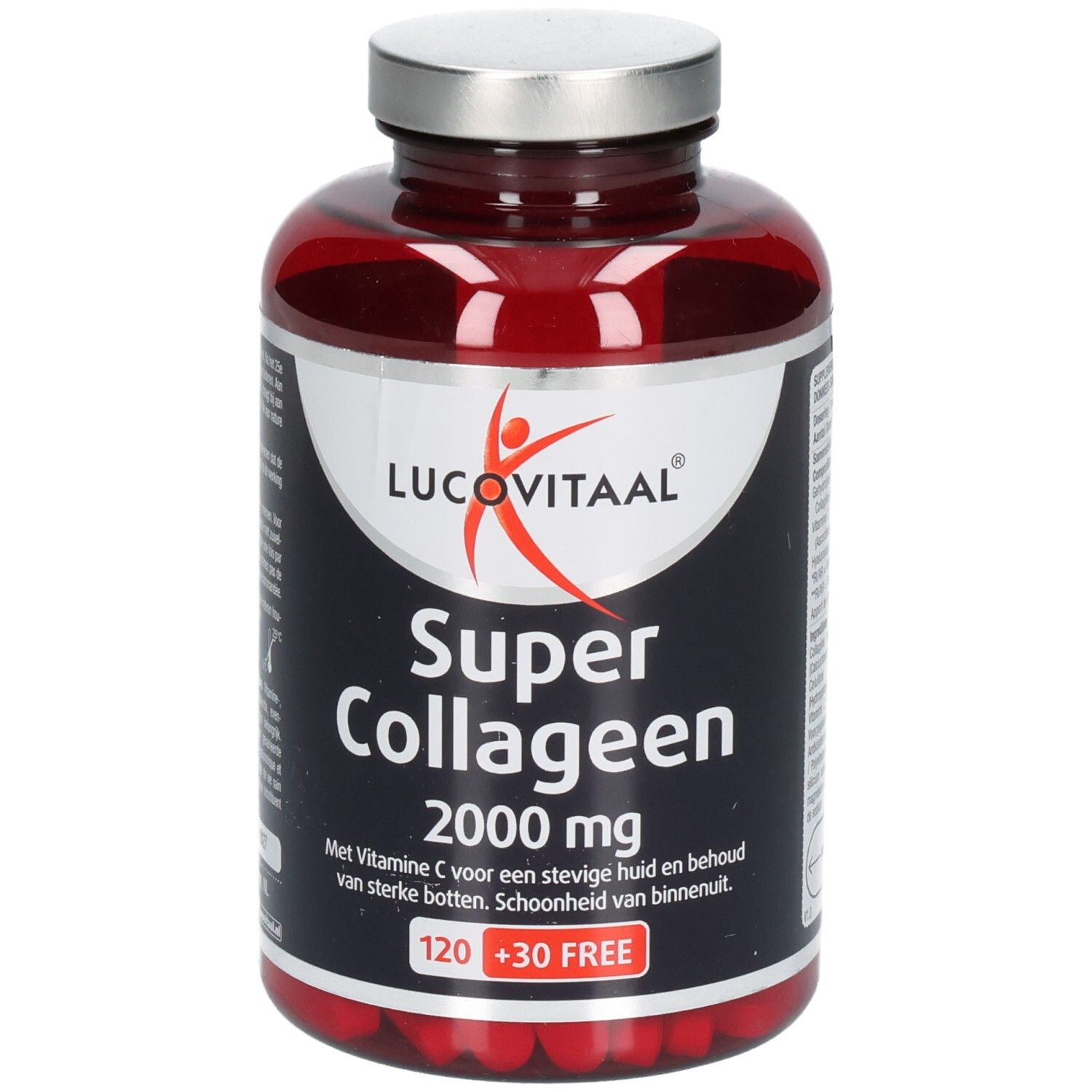 Rote Flasche mit silbernem Deckel. Aufschrift: Lucovitaal Super Collageen 2000 mg. 120 + 30 GRATIS.