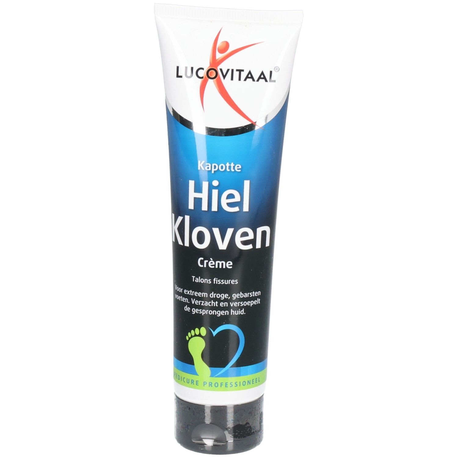 Tube mit Produktbezeichnung: Hiel Kloven Crème. Blaue und weiße Verpackung mit Logo. Fußsymbol.