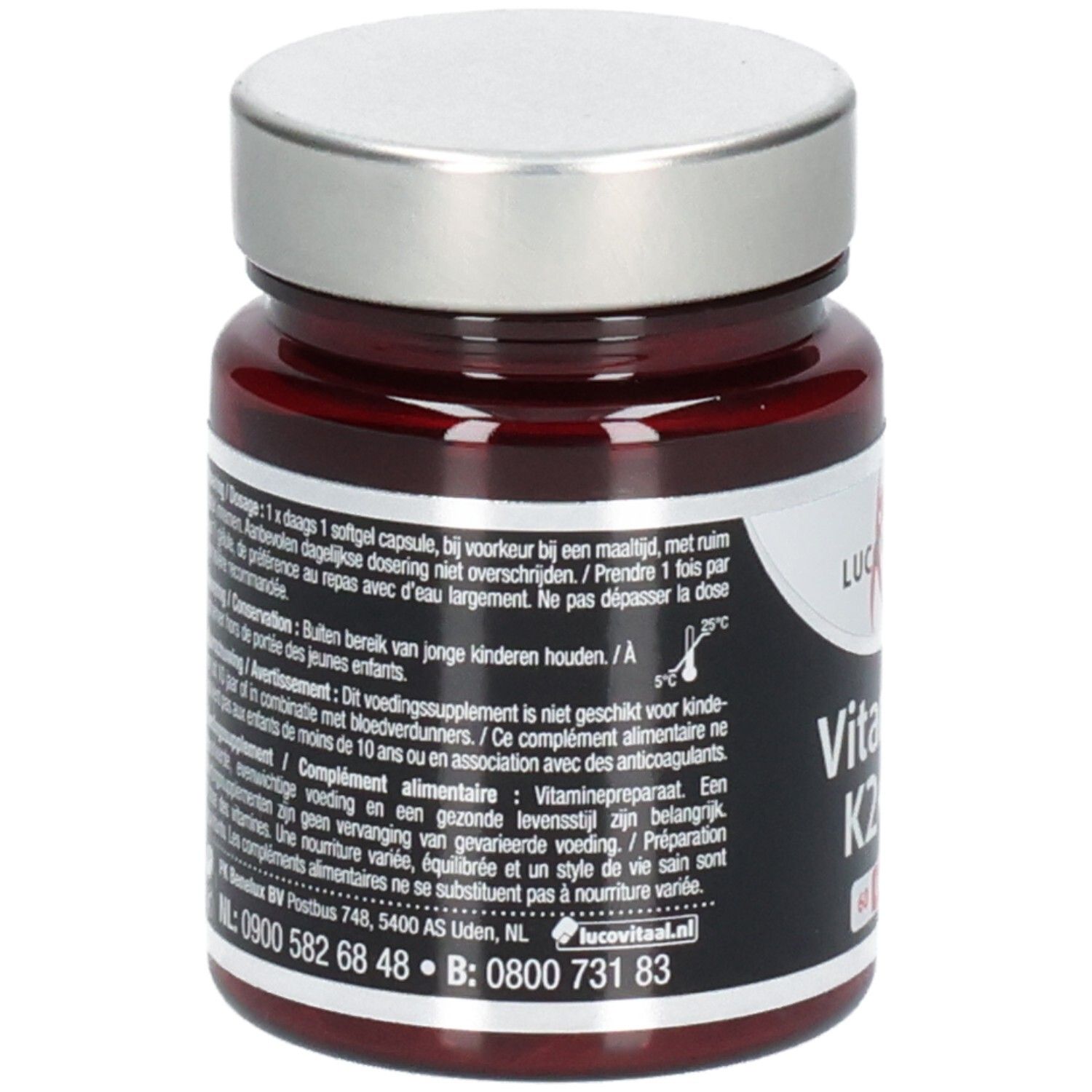 Flacon brun avec bouchon argenté. Inscription : Lucovitaal, Vitamine K2+D3. Texte au dos.