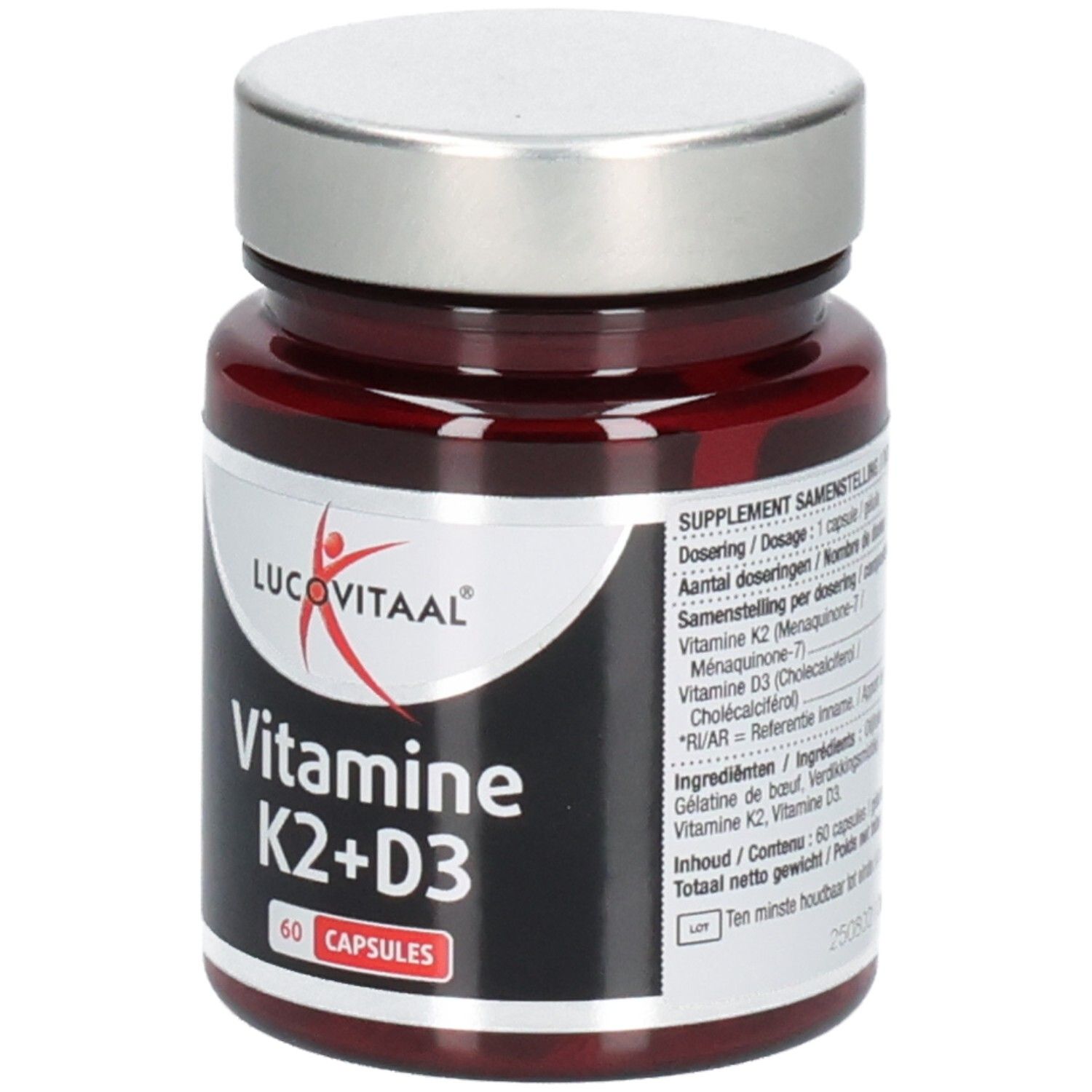 Flacon brun avec bouchon argenté. Inscription : Lucovitaal, Vitamine K2+D3, 60 gélules.