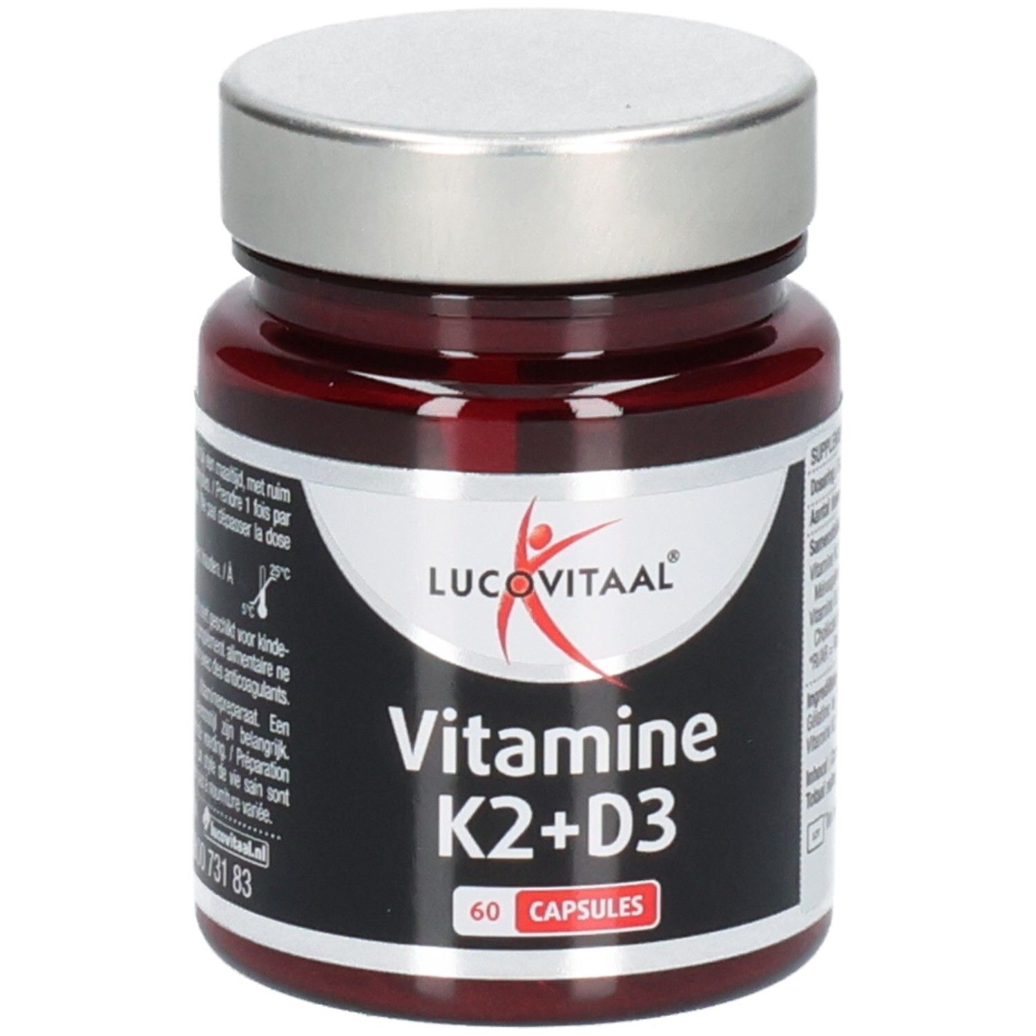 Flacon brun avec bouchon argenté. Inscription : Lucovitaal, Vitamine K2+D3, 60 gélules.