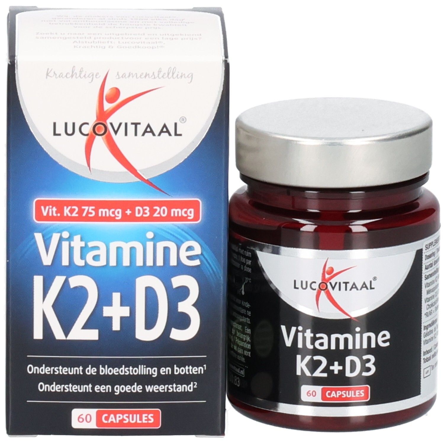 Emballage et flacon. Inscription : Lucovitaal, Vitamine K2+D3, 60 gélules. Boîte avec texte.