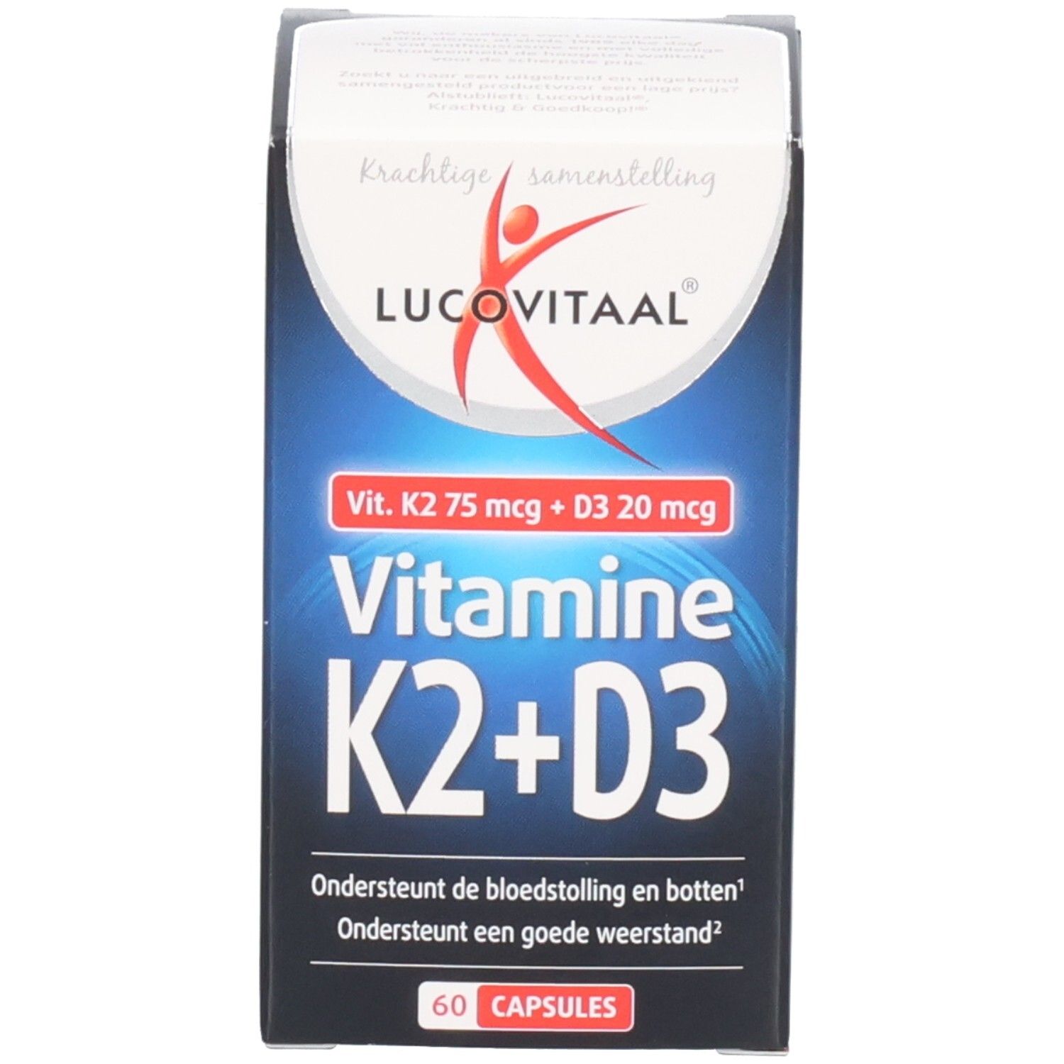 Emballage du produit. Inscription : Lucovitaal, Vitamine K2+D3, 60 gélules. Boîte avec texte.