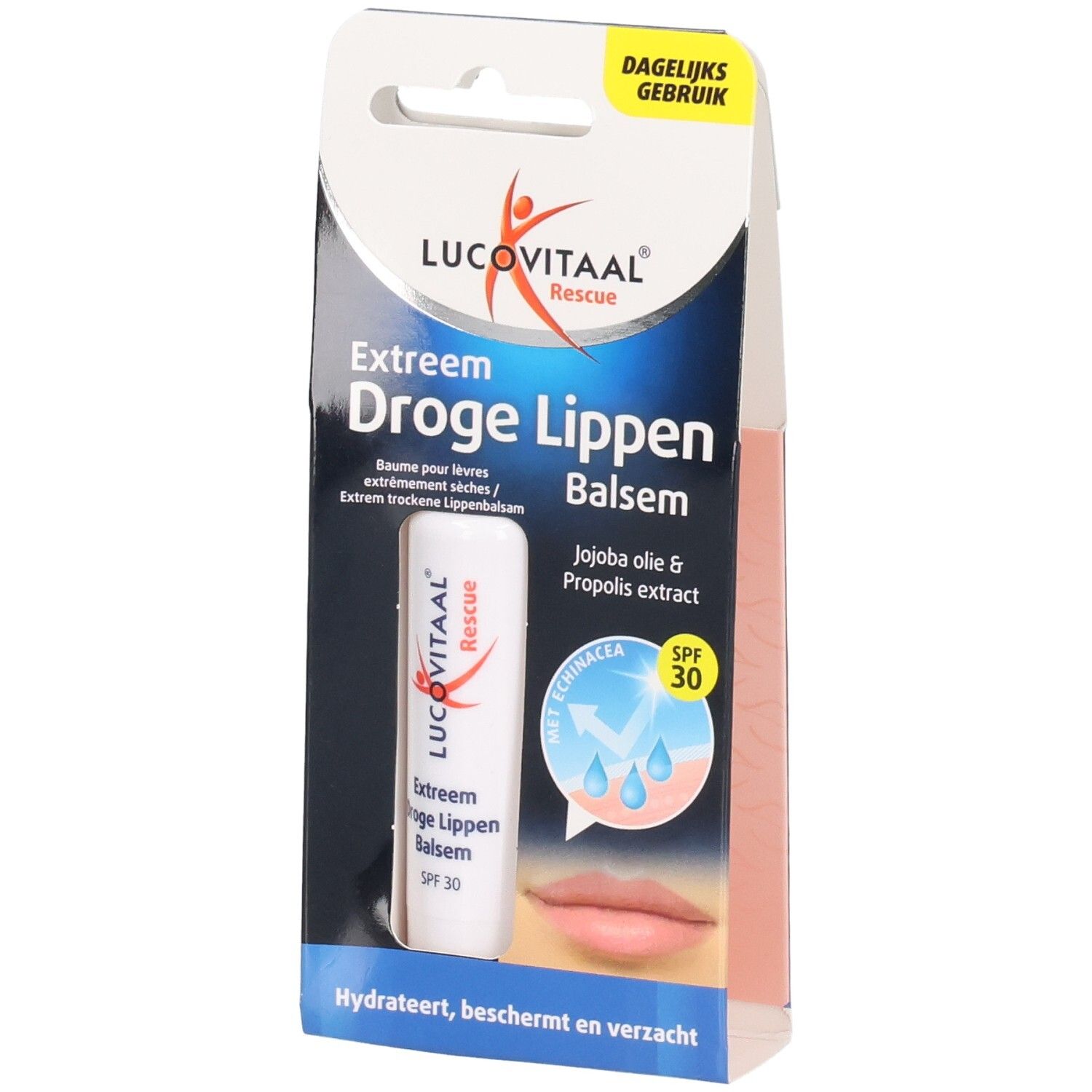 Verpackung mit Lippenbalsam. Produktname: Lucovitaal. Text: Extreem Droge Lippen Balsem. Enthält SPF 30. Mit Jojobaöl und Propolis.