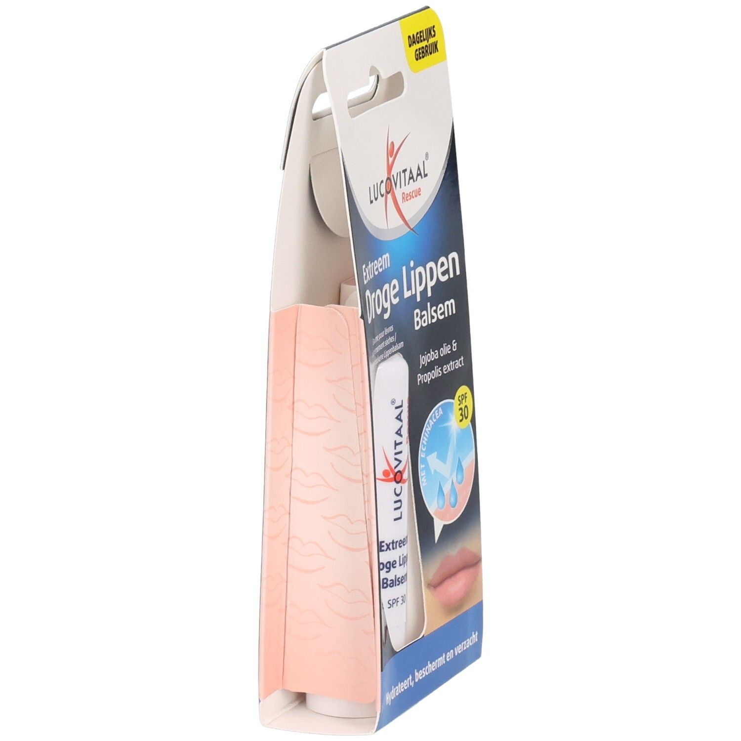 Seitenansicht der Verpackung mit Lippenbalsam. Produktname: Lucovitaal. Text: Extreem Droge Lippen Balsem. Mit SPF 30.