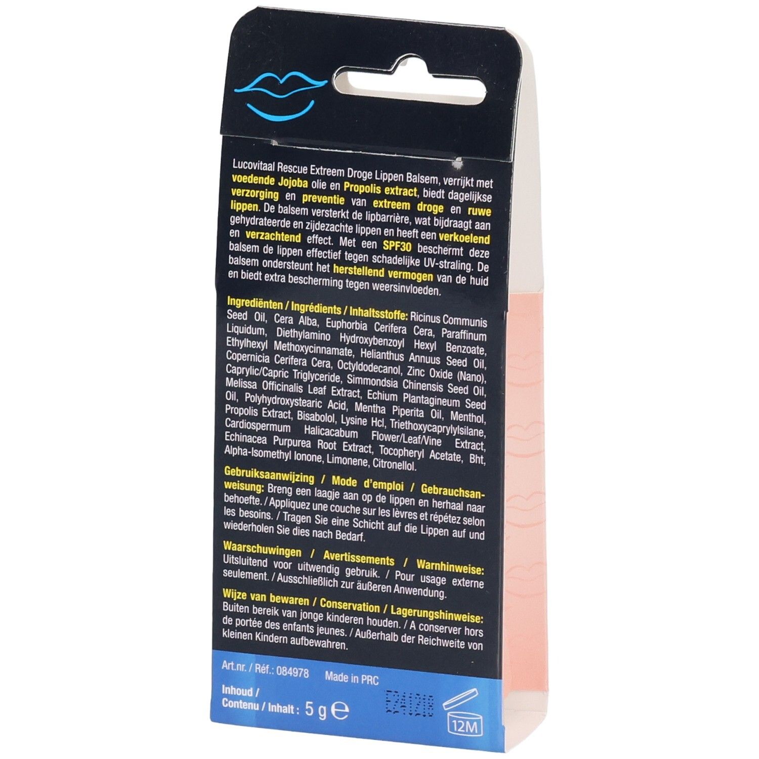 Rückseite der Verpackung mit Produktinformationen. Enthält Inhaltsstoffe, Gebrauchsanweisung und Warnhinweise. Produkt: Lucovitaal.