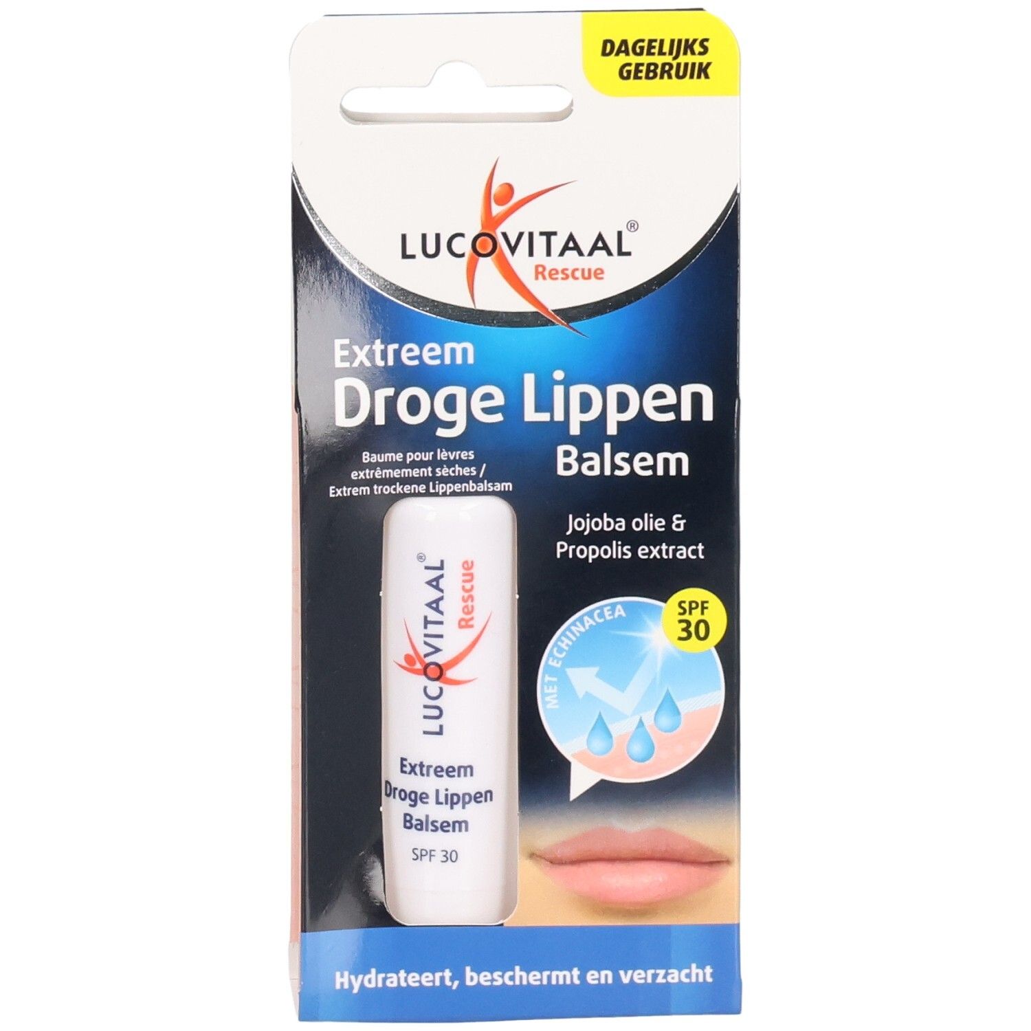 Verpackung mit Lippenbalsam. Produktname: Lucovitaal. Text: Extreem Droge Lippen Balsem. Enthält SPF 30. Mit Jojobaöl und Propolis.