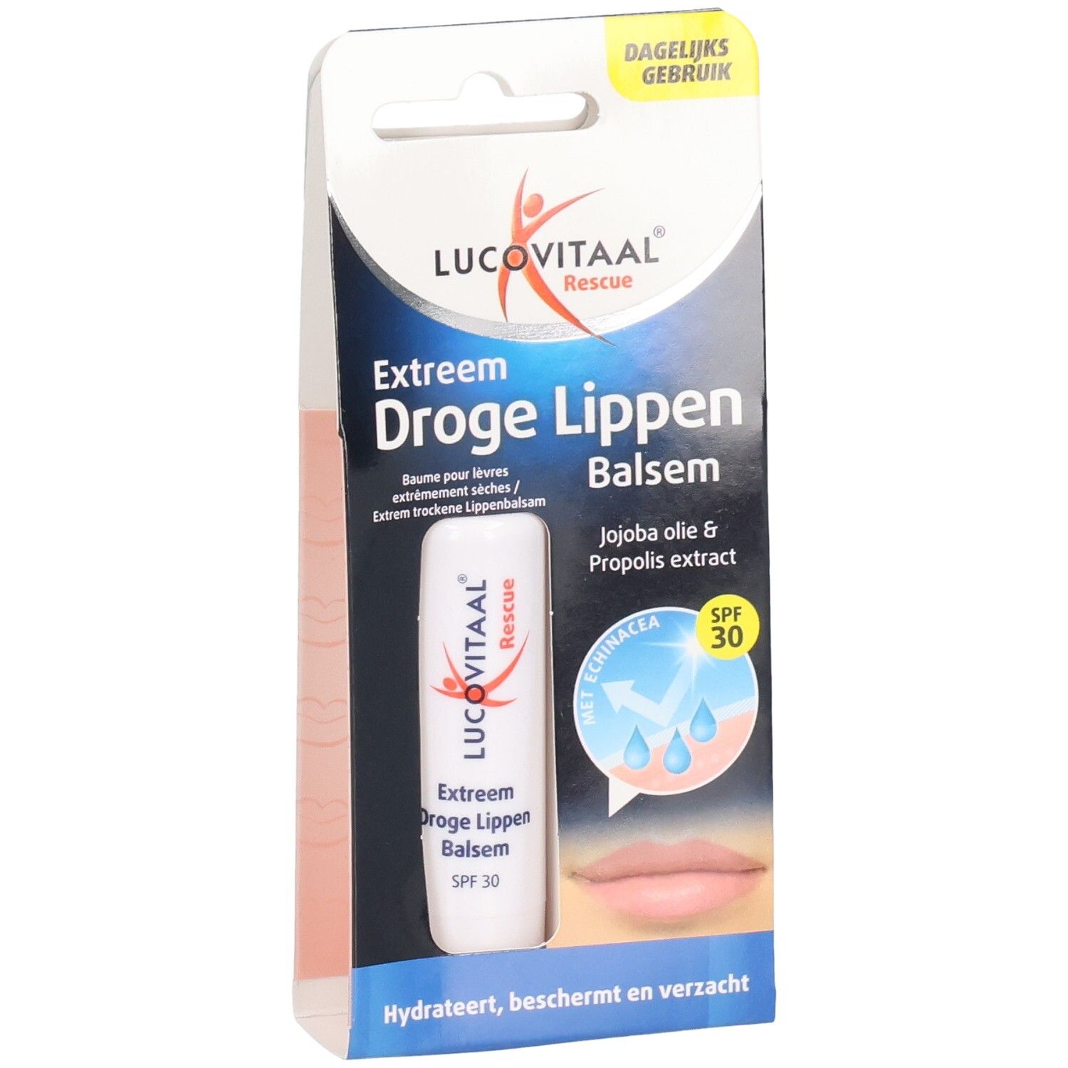 Verpackung mit Lippenbalsam. Produktname: Lucovitaal. Text: Extreem Droge Lippen Balsem. Enthält SPF 30. Mit Jojobaöl und Propolis.