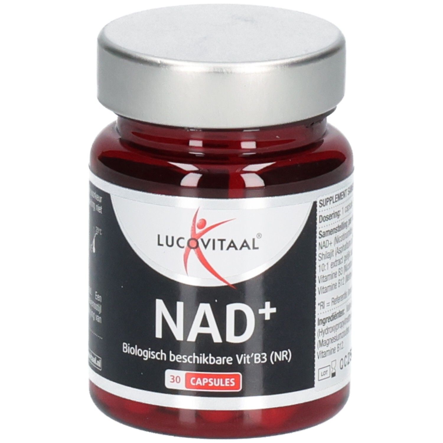 Flacon en verre rouge avec bouchon argenté. Inscription: Lucovitaal, NAD+, 30 gélules. Contient Vit. B3 (NR).