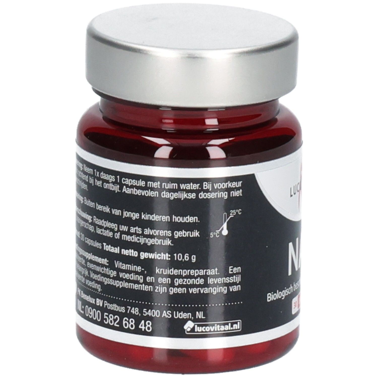 Flacon en verre rouge avec bouchon argenté. Inscription: Lucovitaal. Texte en néerlandais. Contient 30 gélules.