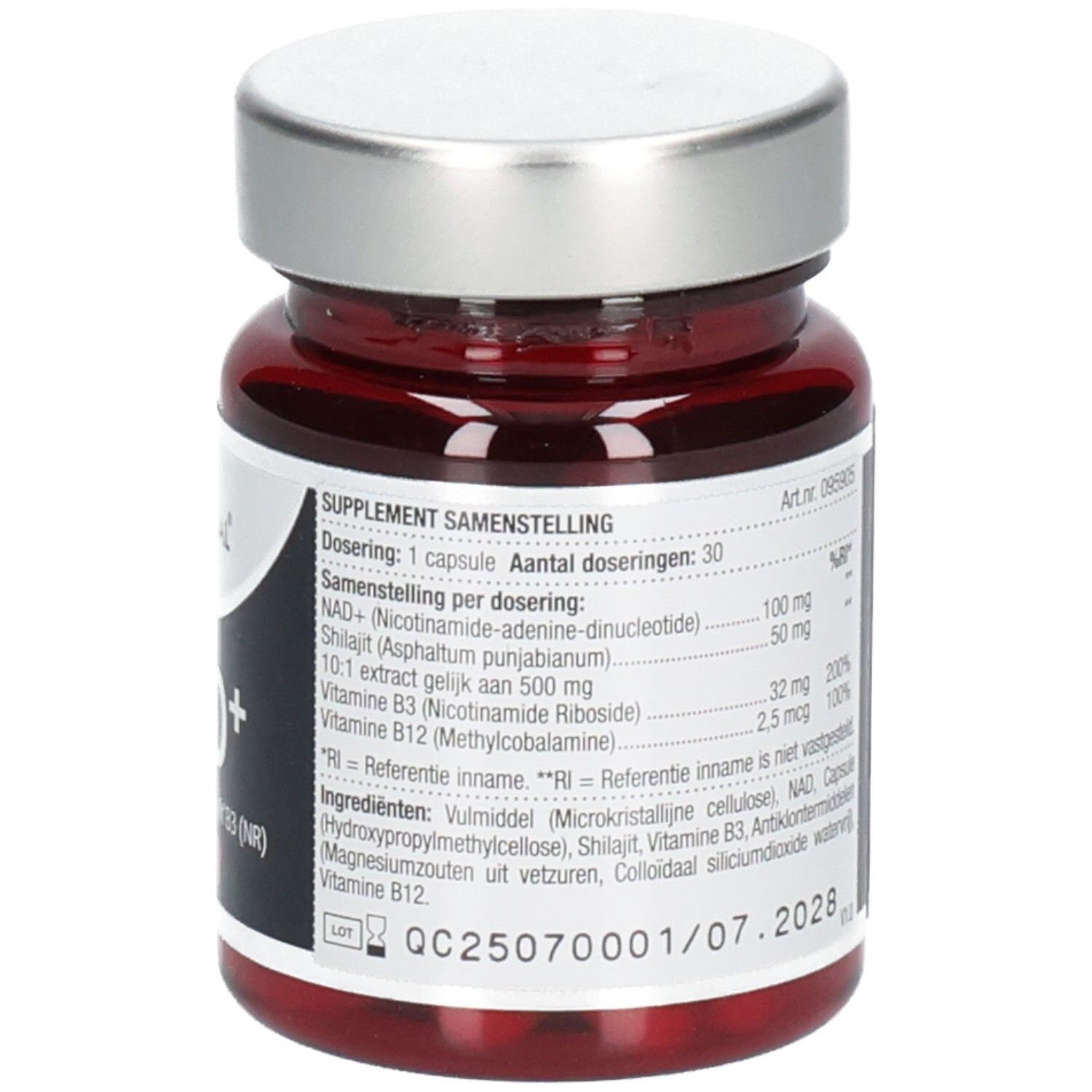 Flacon en verre rouge avec bouchon argenté. Inscription: Lucovitaal, NAD+, 30 gélules. Ingrédients en néerlandais.