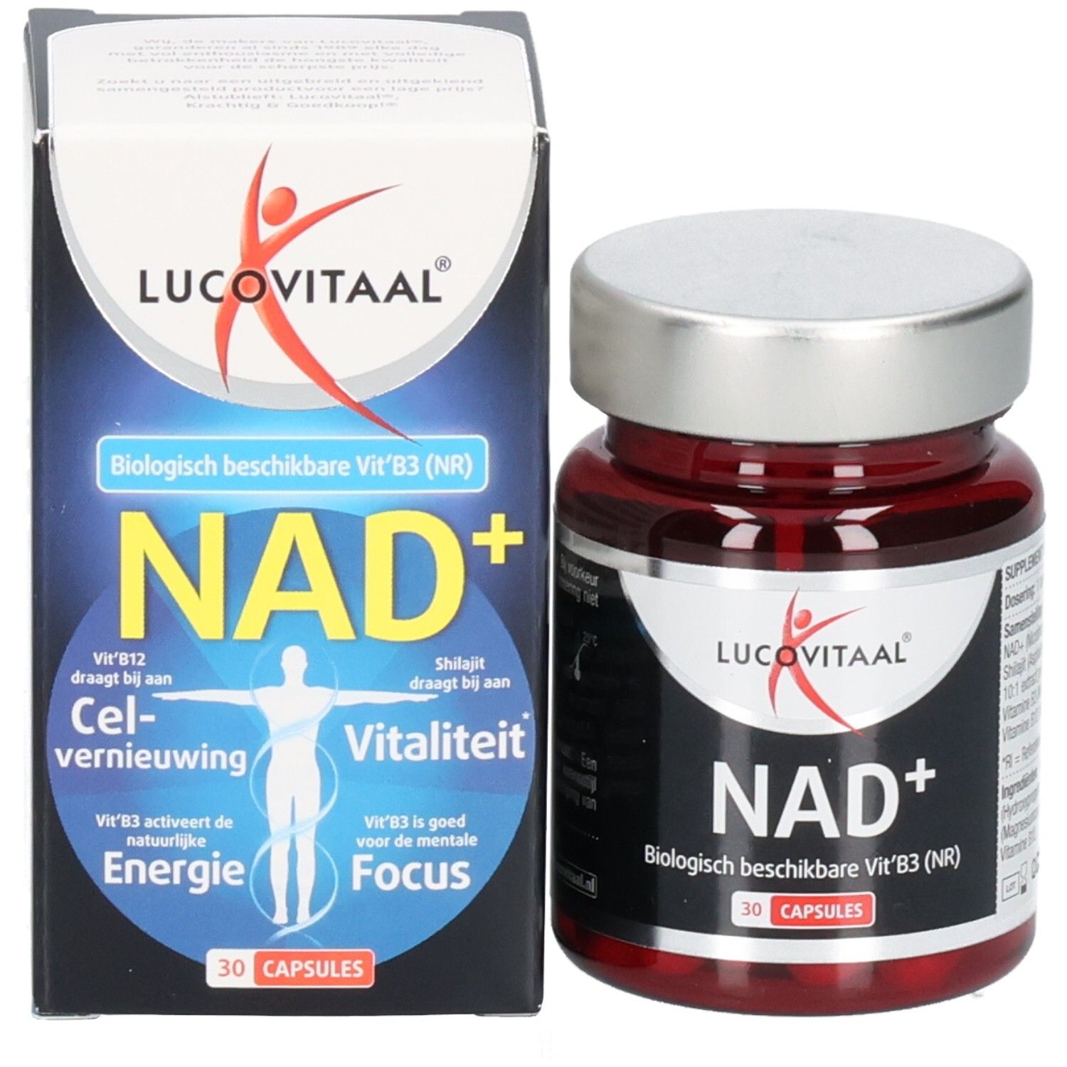 Emballage et flacon du produit. Inscription: Lucovitaal, NAD+, 30 gélules. Contient Vit. B3 (NR).