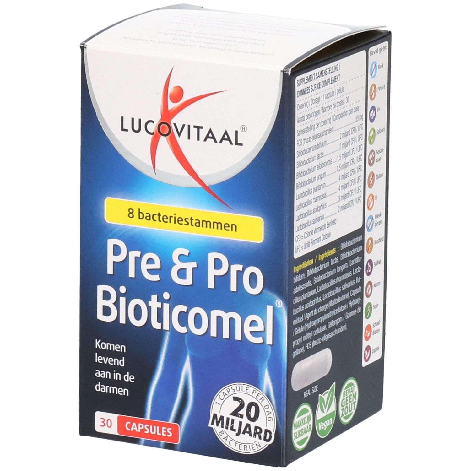Kartonverpackung von Lucovitaal Pre & Pro Bioticomel. Enthält 30 Kapseln. Aufschrift: 20 Milliarden Bakterien.
