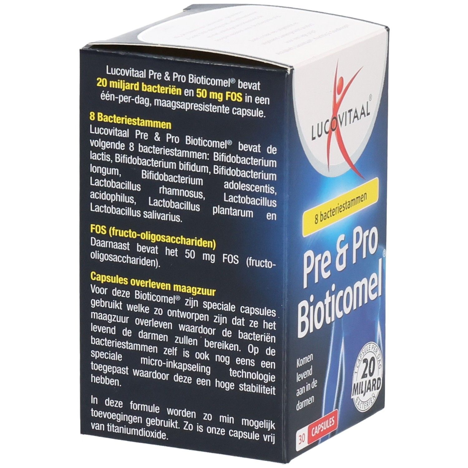 Kartonverpackung von Lucovitaal Pre & Pro Bioticomel. Text über 8 Bakterienstämme und 20 Milliarden Bakterien.