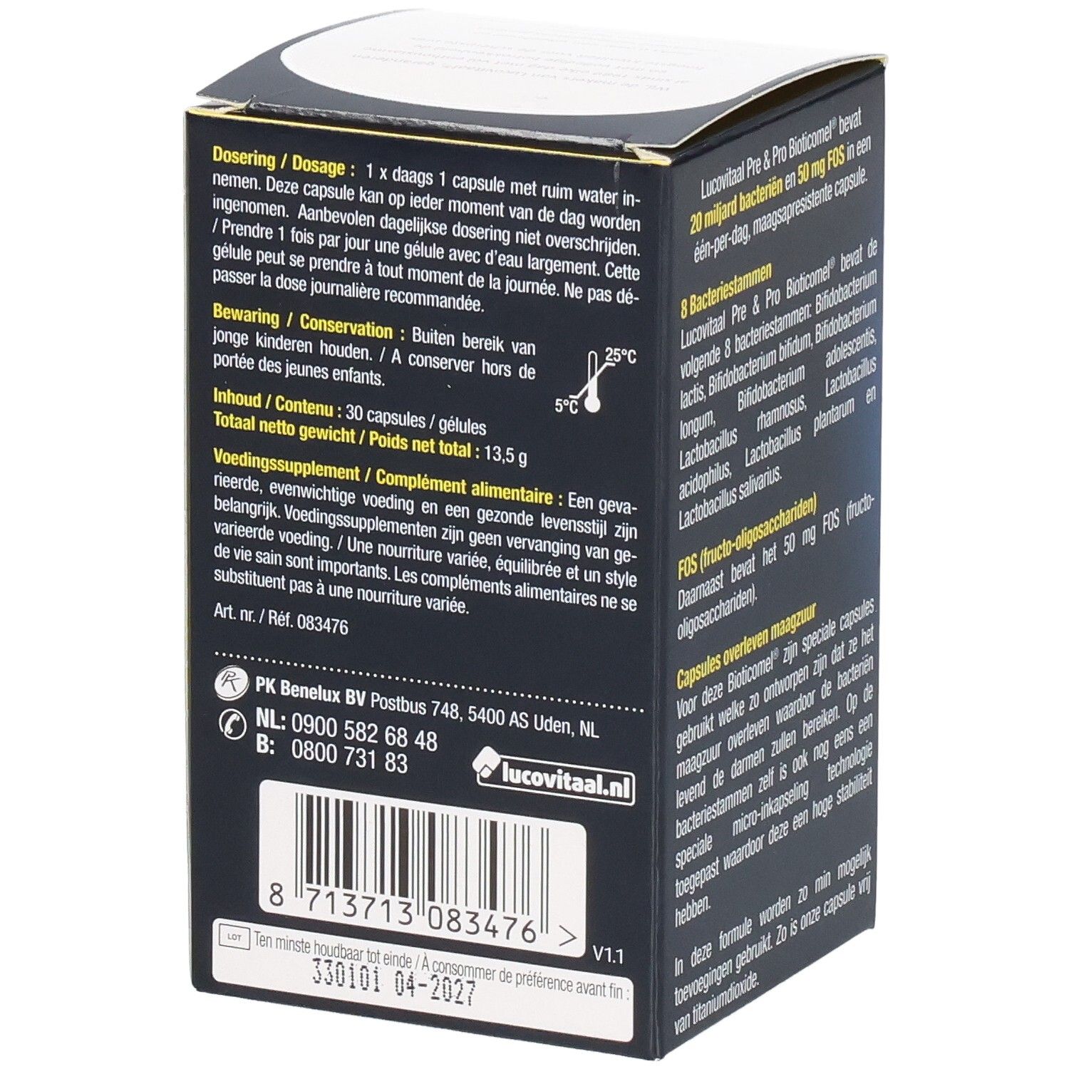Rückseite der Verpackung von Lucovitaal Pre & Pro Bioticomel. Enthält Informationen zu Dosierung und Inhaltsstoffen.