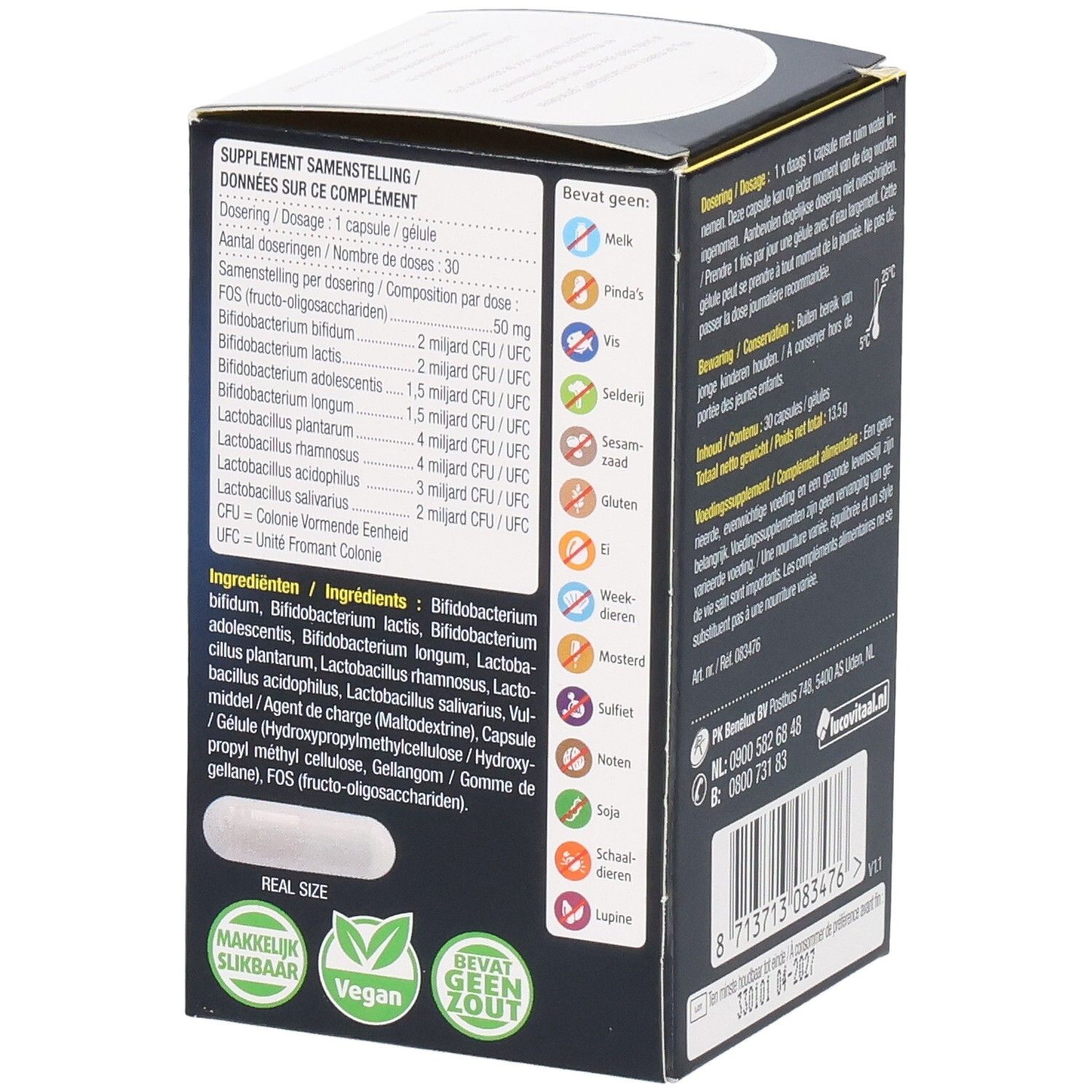 Seite der Verpackung von Lucovitaal Pre & Pro Bioticomel. Enthält Informationen zu Inhaltsstoffen und Allergenen.