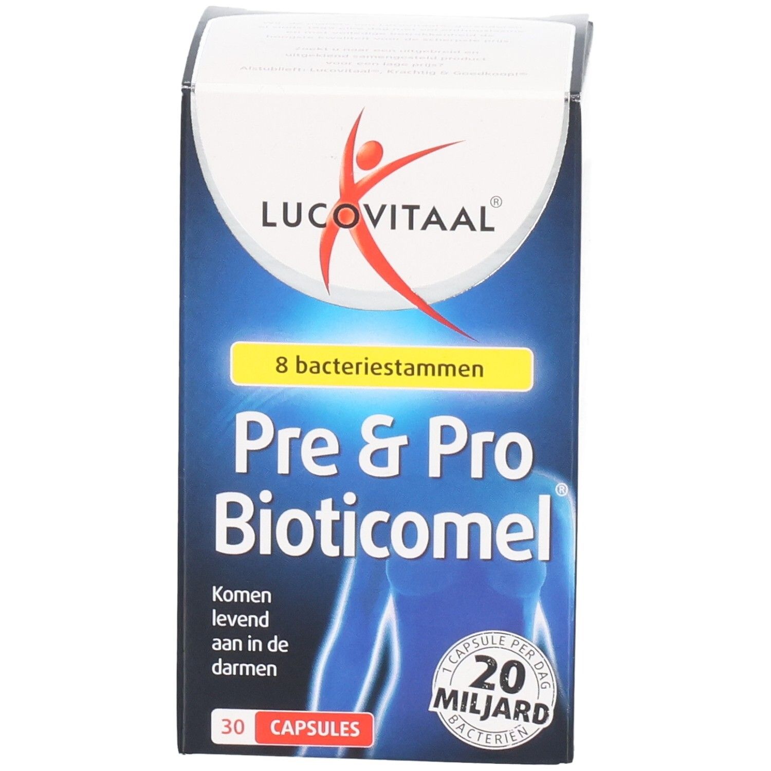 Kartonverpackung von Lucovitaal Pre & Pro Bioticomel. Enthält 30 Kapseln. Aufschrift: 20 Milliarden Bakterien.