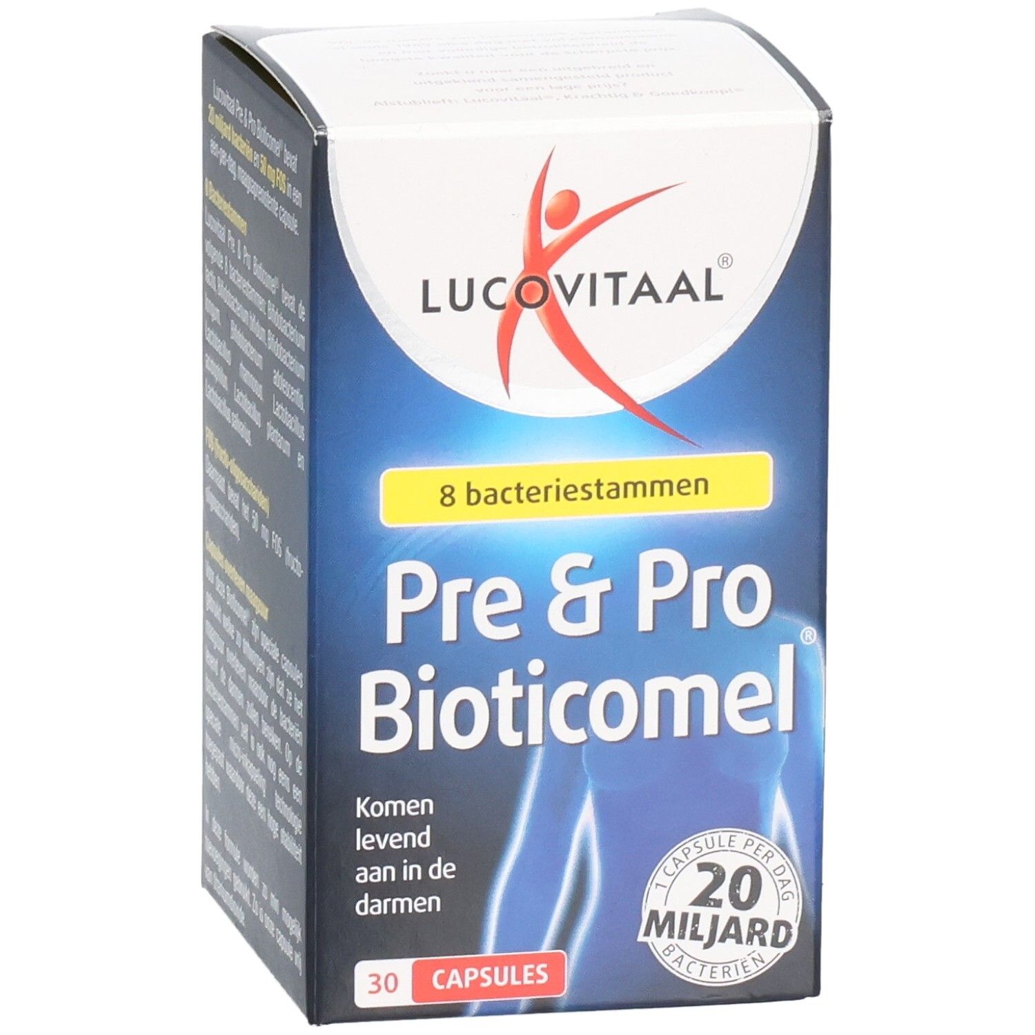 Kartonverpackung von Lucovitaal Pre & Pro Bioticomel. Enthält 30 Kapseln. Aufschrift: 20 Milliarden Bakterien.