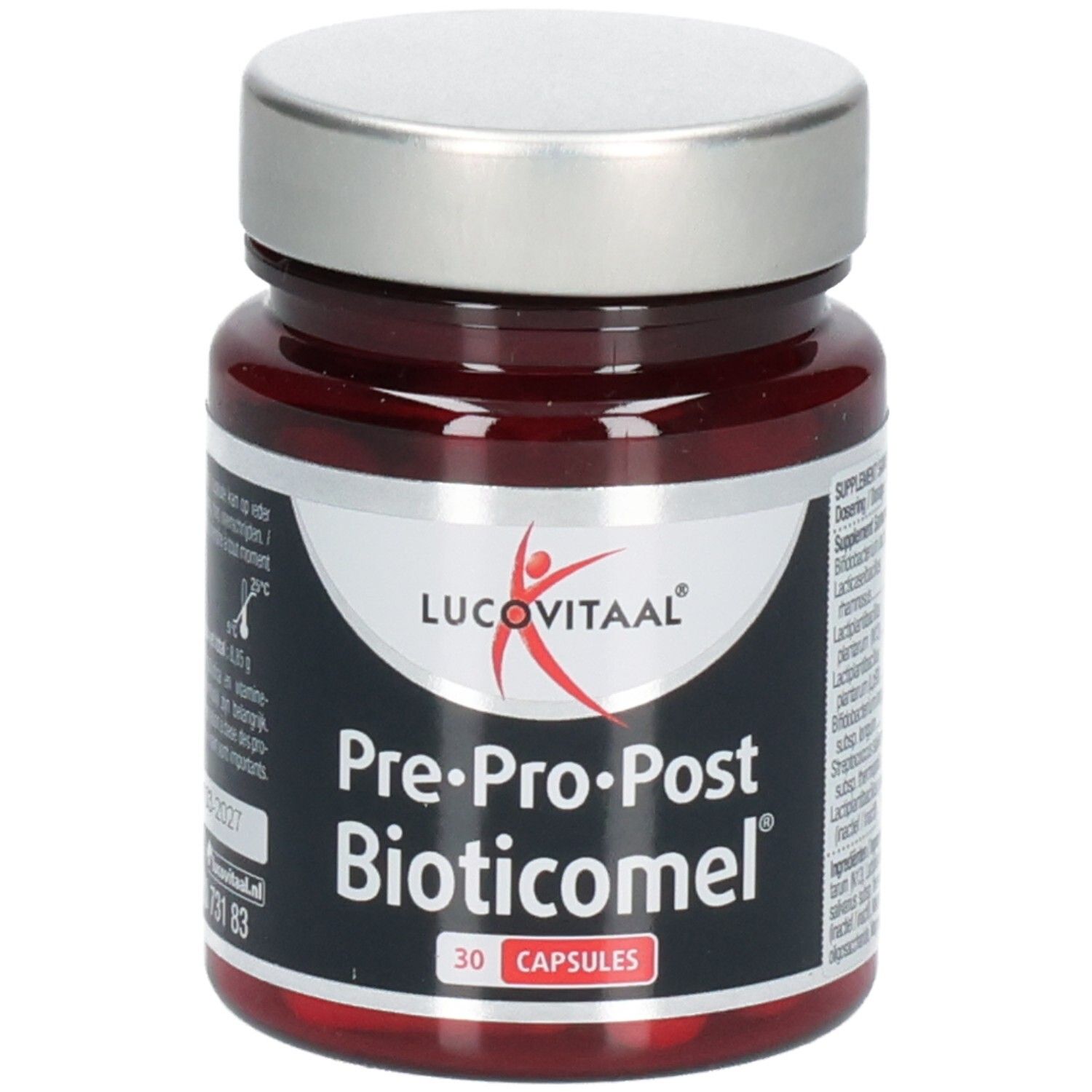 Braune Kapseln in einer braunen Glasflasche mit silbernem Deckel. Aufschrift: Lucovitaal, Pre-Pro-Post Bioticomel, 30 Kapseln.