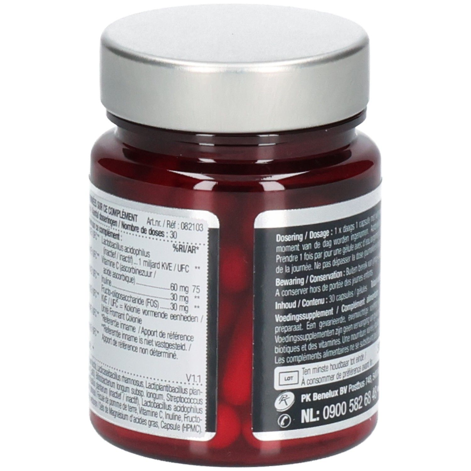 Rückseite einer braunen Glasflasche mit silbernem Deckel. Text: Lucovitaal, Pre-Pro-Post Bioticomel. Informationen zu Inhaltsstoffen und Dosierung.