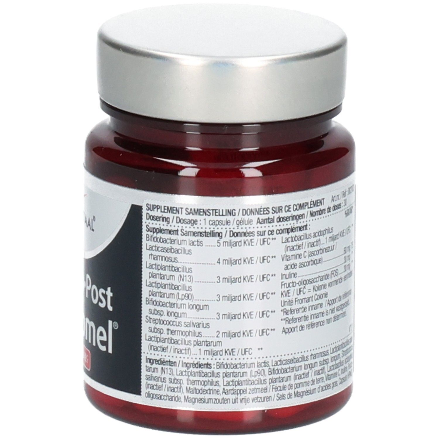 Rückseite einer braunen Glasflasche mit silbernem Deckel. Text: Lucovitaal, Pre-Pro-Post Bioticomel. Informationen zu Inhaltsstoffen und Dosierung.