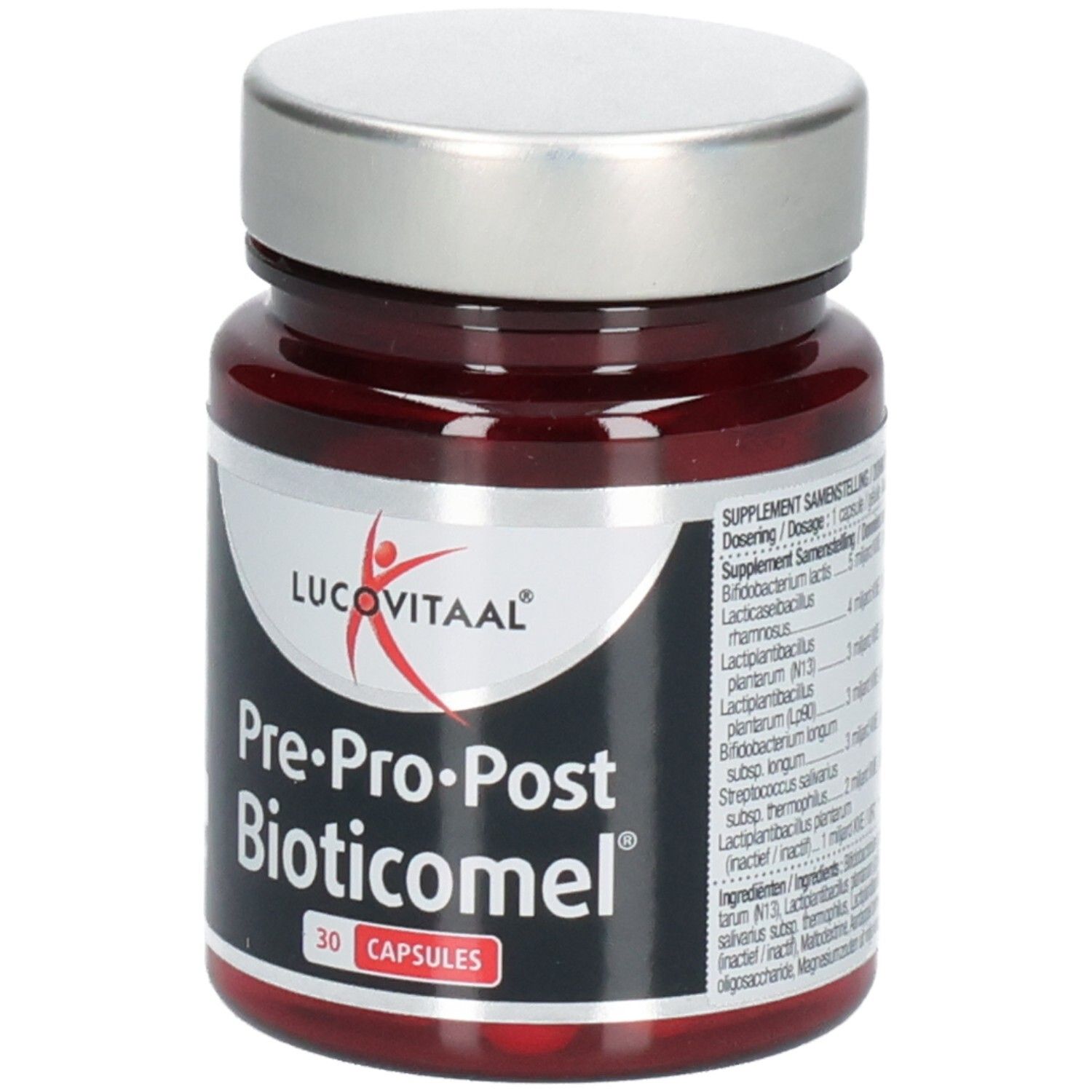 Braune Kapseln in einer braunen Glasflasche mit silbernem Deckel. Aufschrift: Lucovitaal, Pre-Pro-Post Bioticomel, 30 Kapseln.