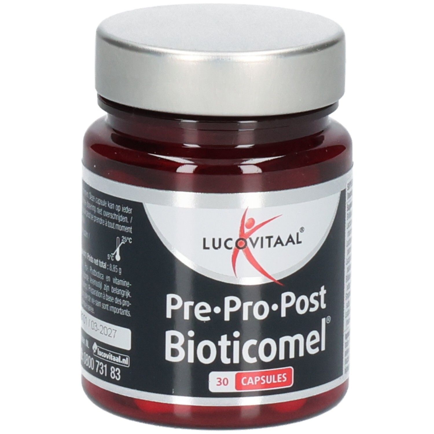 Braune Kapseln in einer braunen Glasflasche mit silbernem Deckel. Aufschrift: Lucovitaal, Pre-Pro-Post Bioticomel, 30 Kapseln.