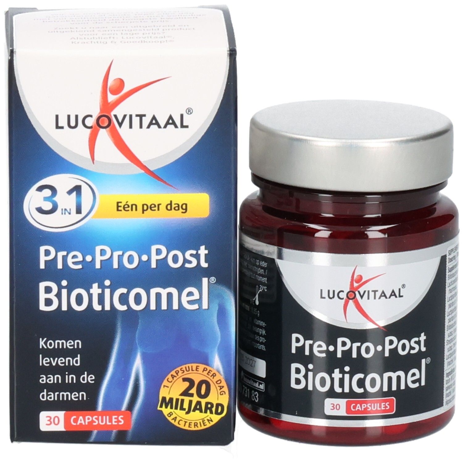 Produktverpackung und Flasche. Verpackung: blau-weiß, Text: Lucovitaal, Pre-Pro-Post Bioticomel, 30 Kapseln. Flasche: braun, silberner Deckel.