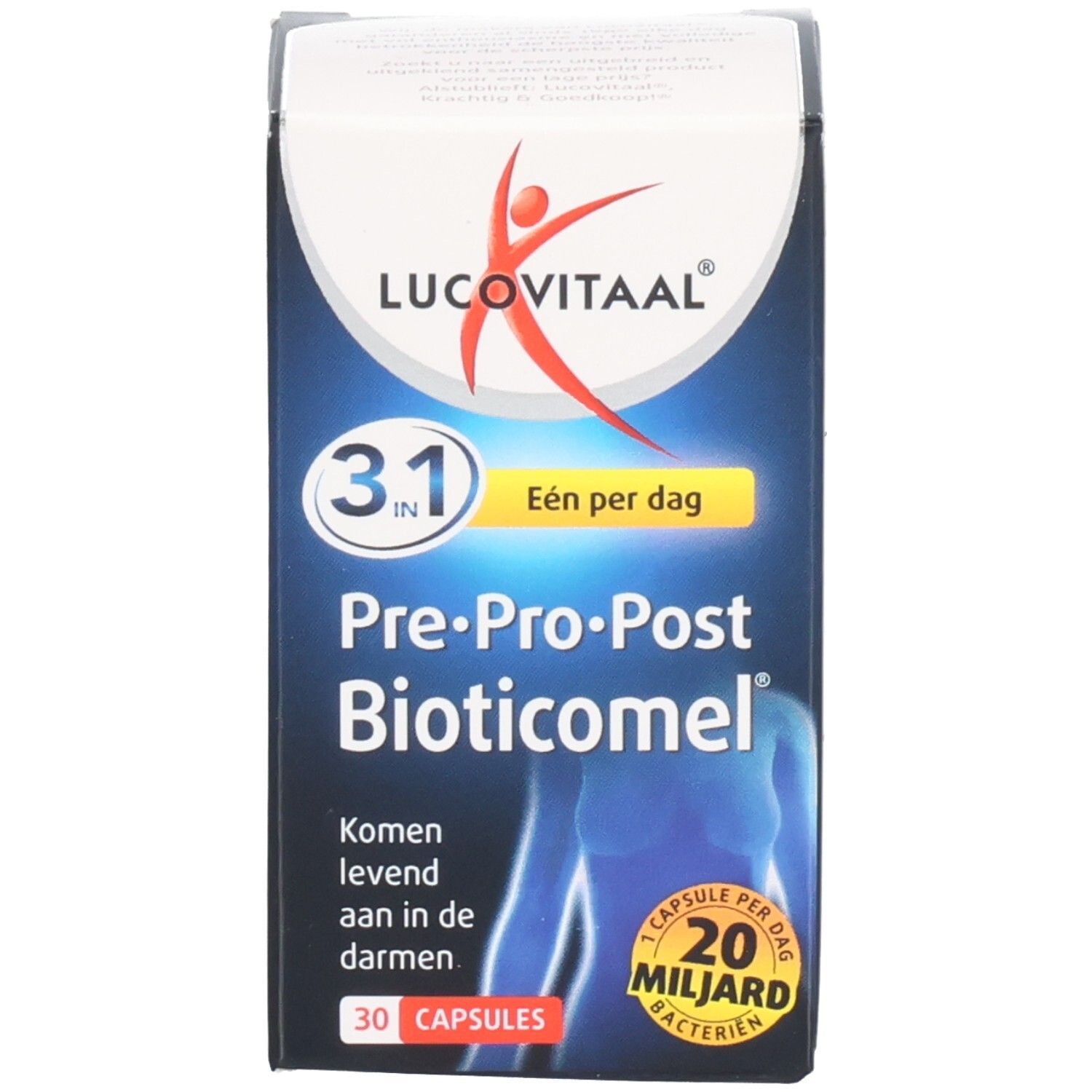 Blaue Produktverpackung. Text: Lucovitaal, Pre-Pro-Post Bioticomel, 30 Kapseln. Abbildung einer Person. Aufschrift: 20 Milliarden Bakterien.