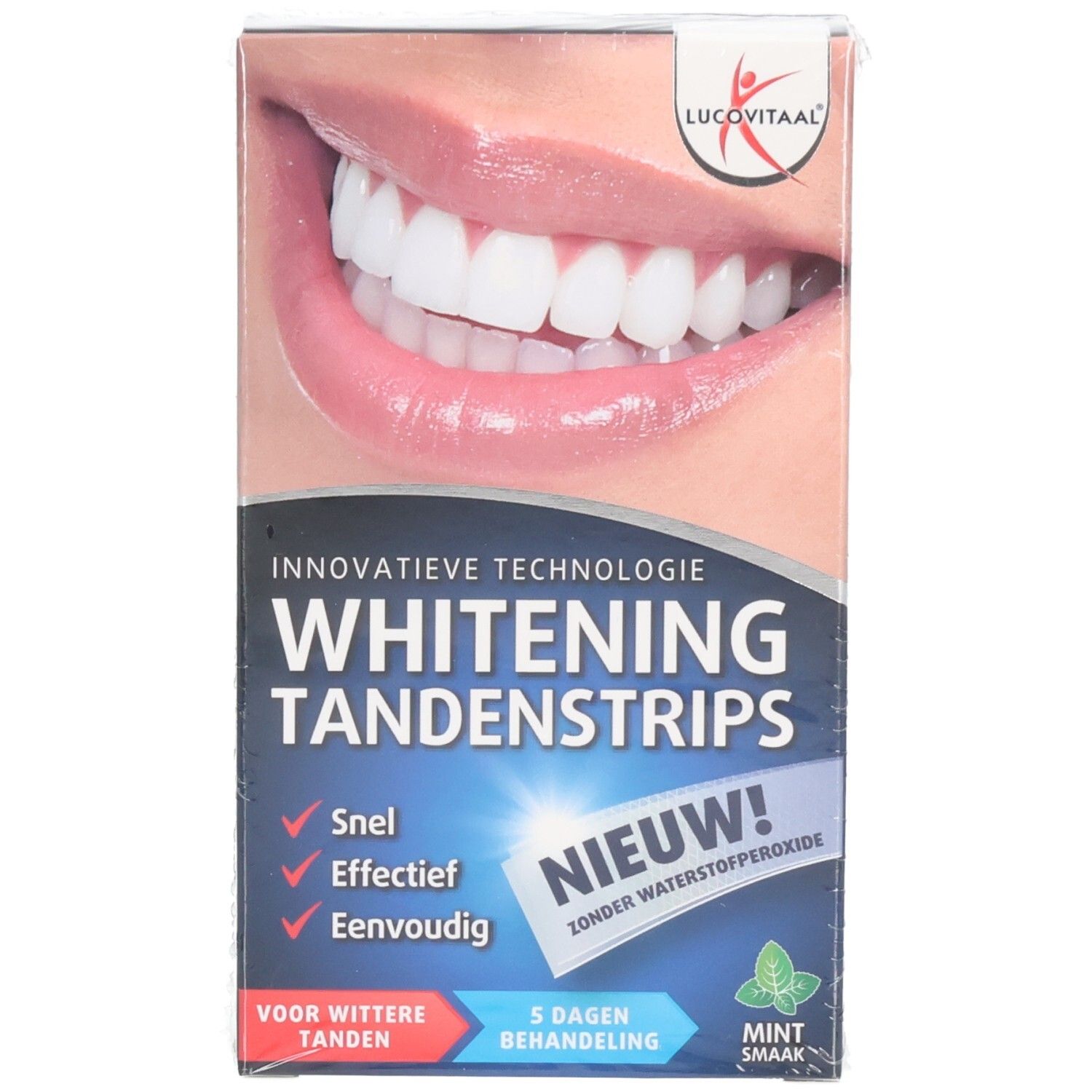 Schachtel mit Zahnaufhellungsstreifen. Aufschrift: Whitening Tandemstrips. Logo: Lucovitaal. Enthält 5-Tage-Behandlung.