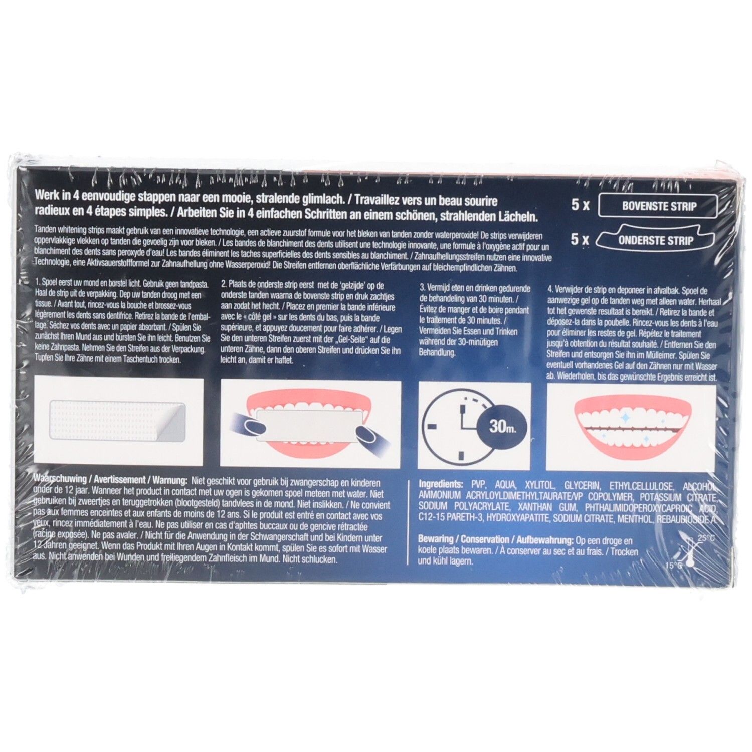 Rückseite der Verpackung mit Anweisungen. Illustrationen zeigen die Anwendung der Streifen. Enthält 5 obere und 5 untere Streifen.