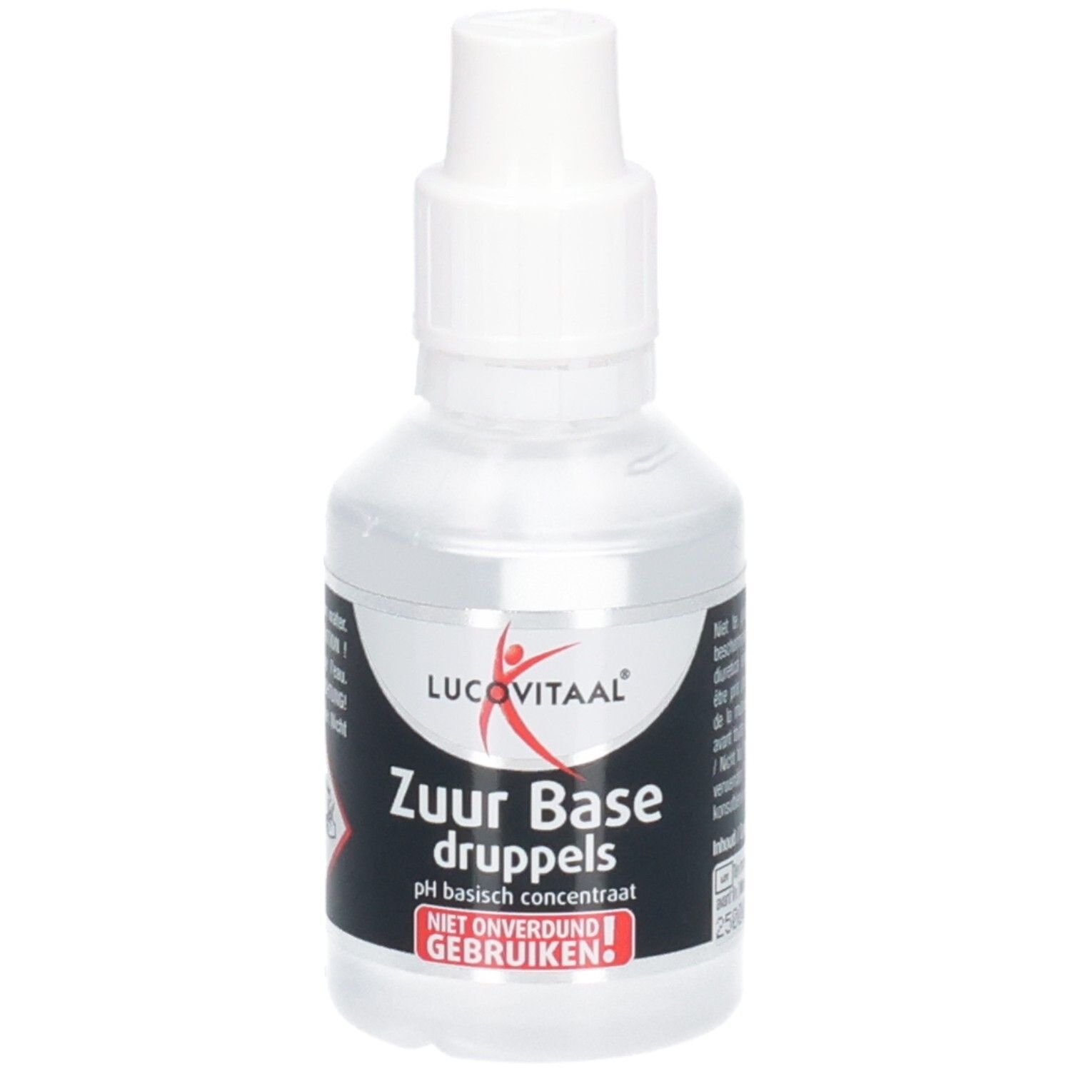 Transparente Flasche mit weißem Verschluss. Aufkleber mit Produktinformationen und Logo.