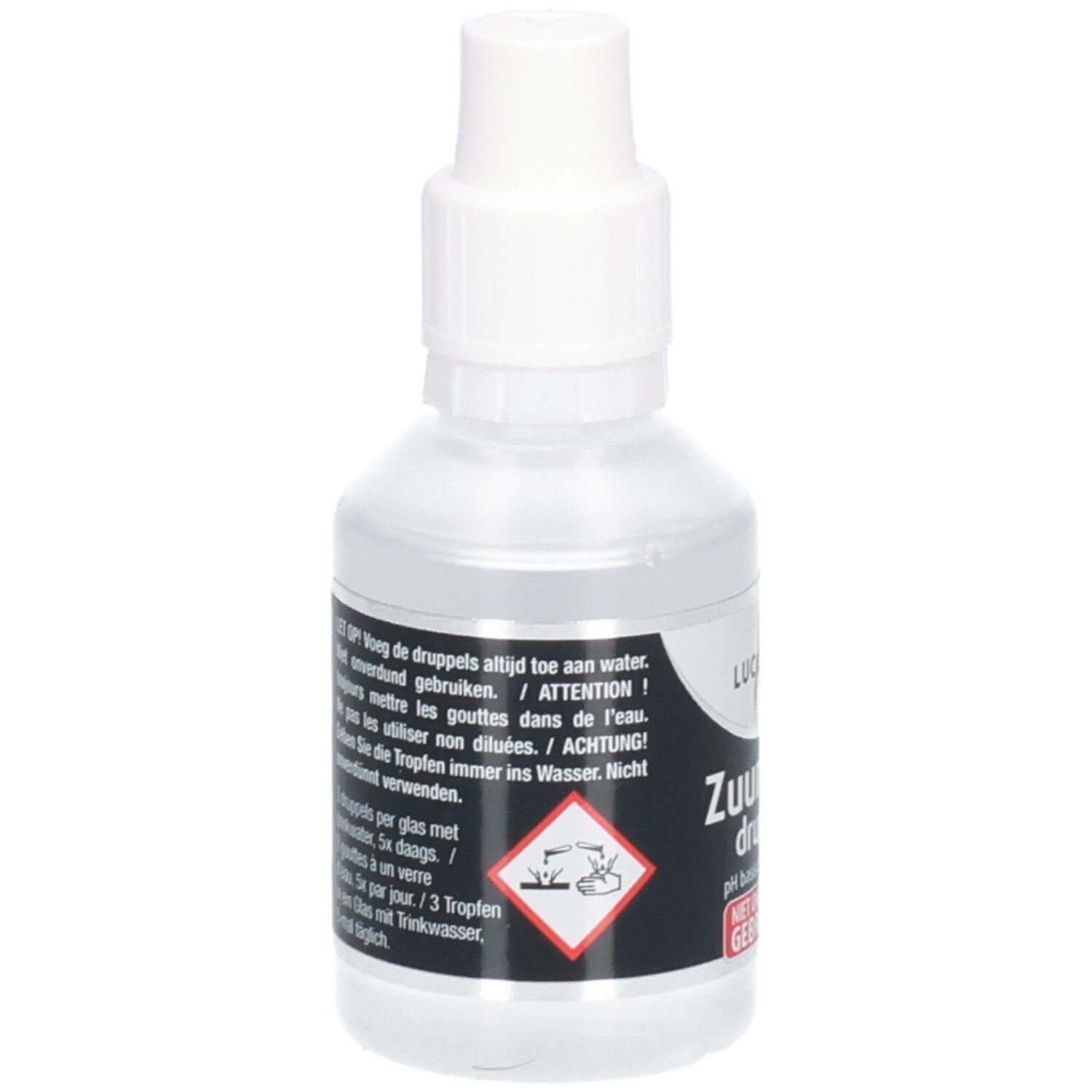 Transparente Flasche mit weißem Verschluss. Aufkleber mit Produktinformationen und Warnhinweisen.