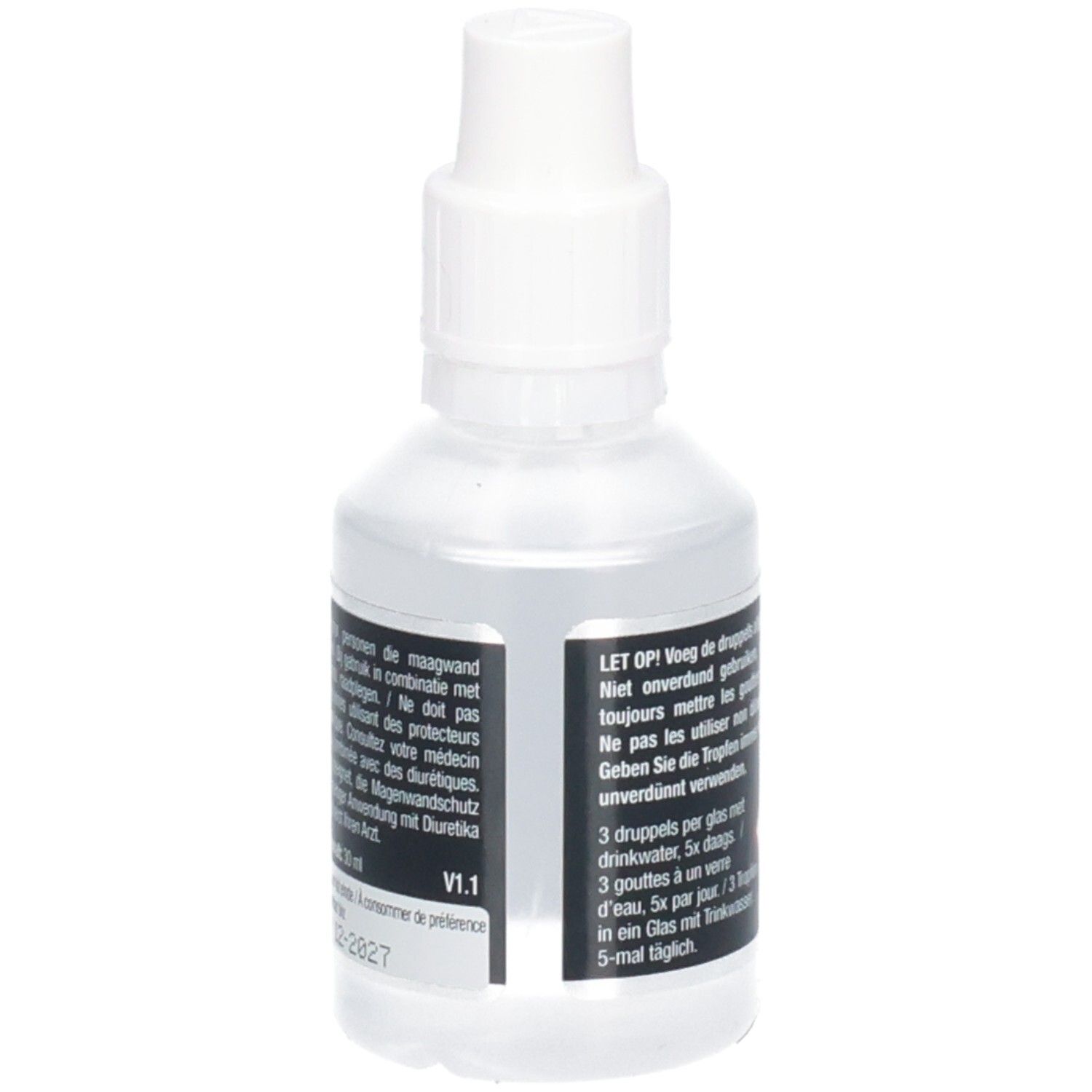 Transparente Flasche mit weißem Verschluss. Aufkleber mit Produktinformationen und Dosierung.