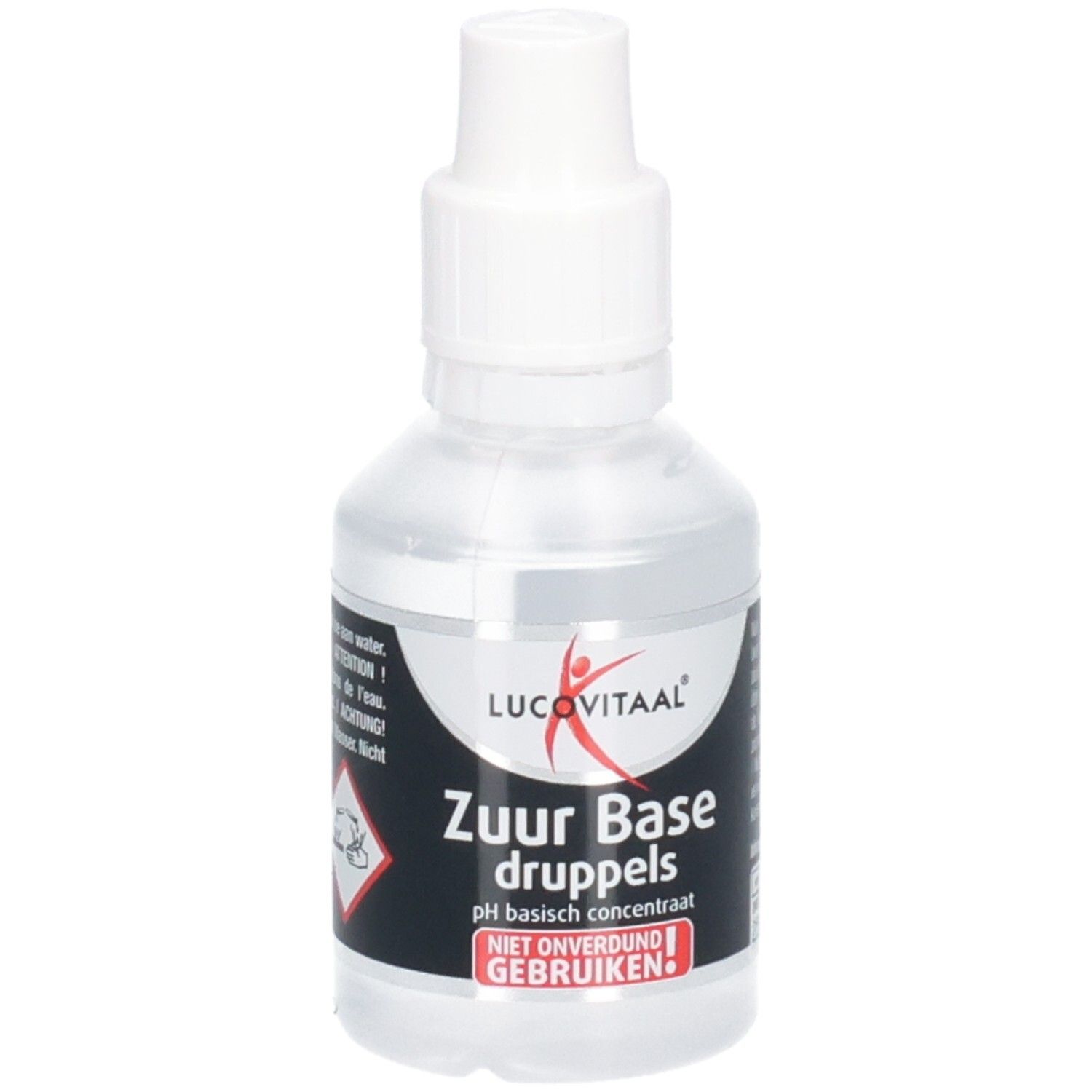 Transparente Flasche mit weißem Verschluss. Aufkleber mit Logo und Produktbezeichnung.