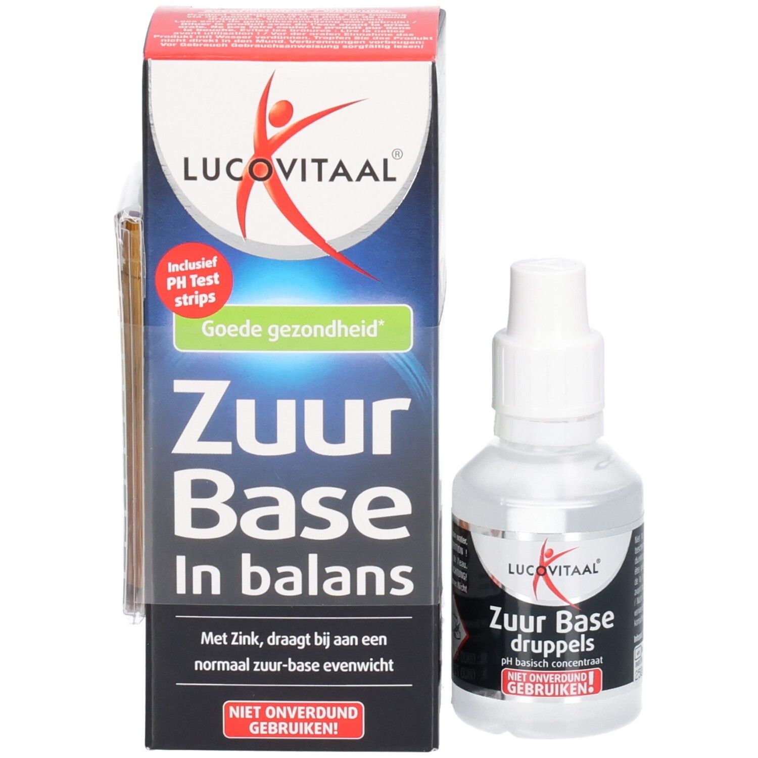 Produktflasche neben Verpackung. Verpackung mit Logo, Produktname und pH-Teststreifen.