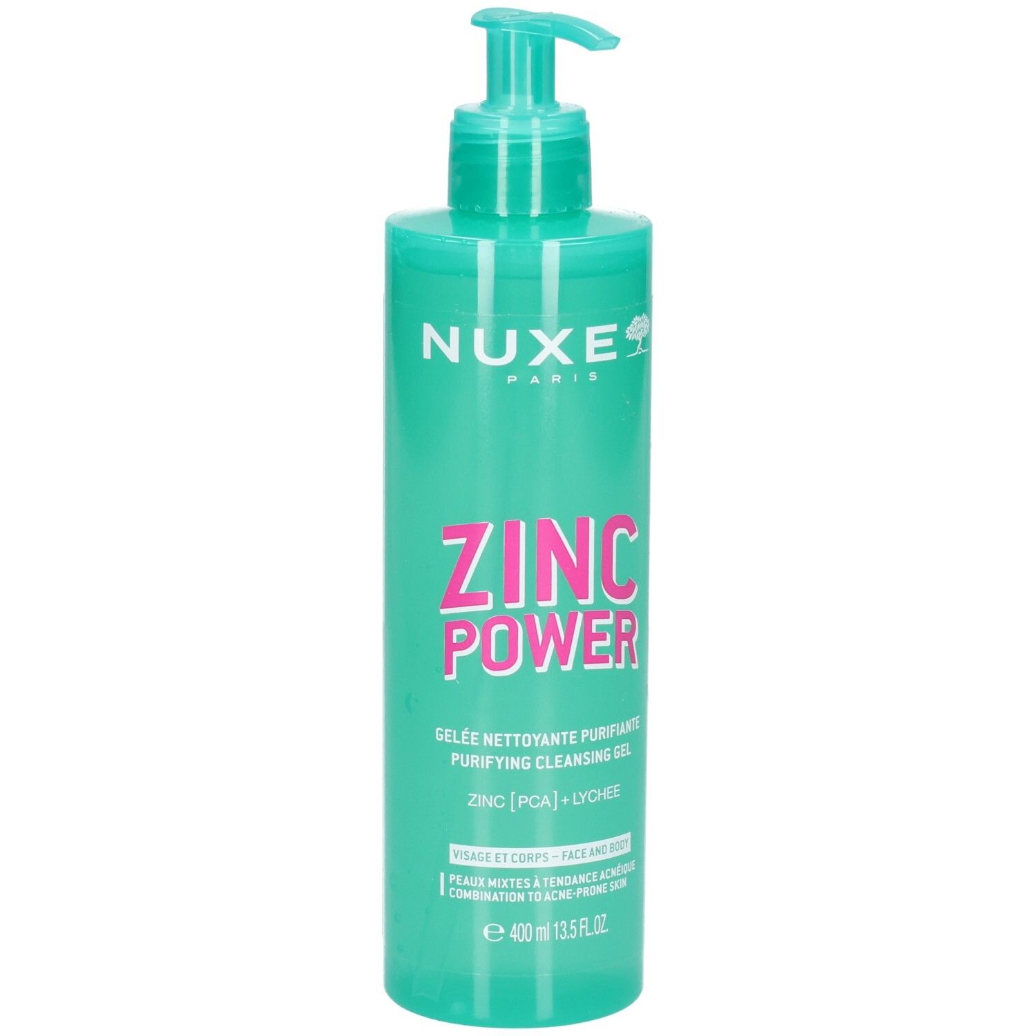 Nuxe Zinc Power Reinigungs-Gel in türkiser Flasche mit Pumpspender.