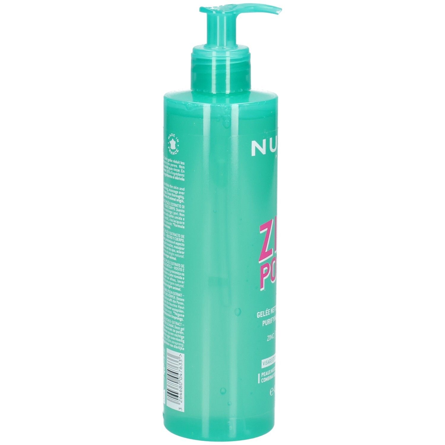 Nuxe Zinc Power Reinigungs-Gel, Seitenansicht der türkisen Flasche mit Pumpspender.