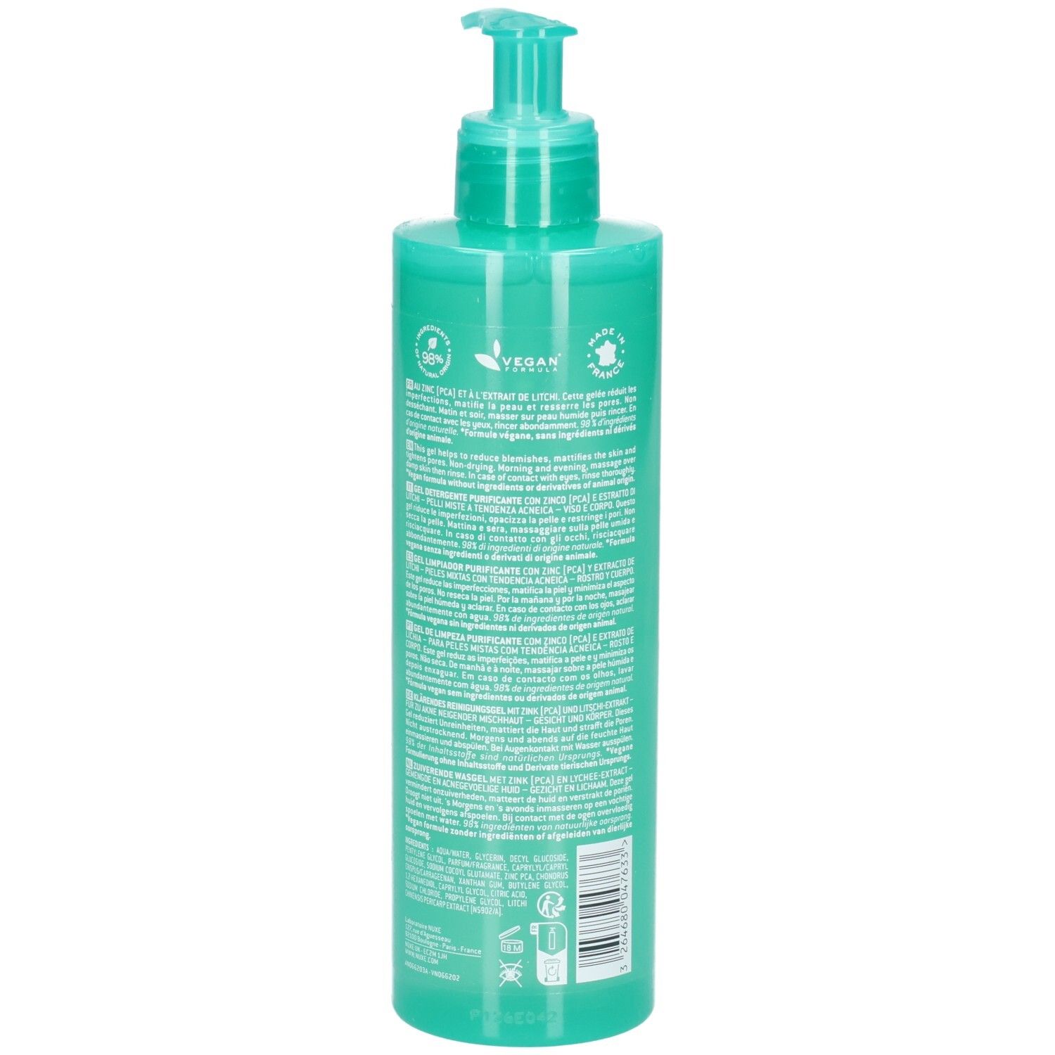 Rückseite der Nuxe Zinc Power Reinigungs-Gel Flasche mit Inhaltsstoffen und Siegeln.