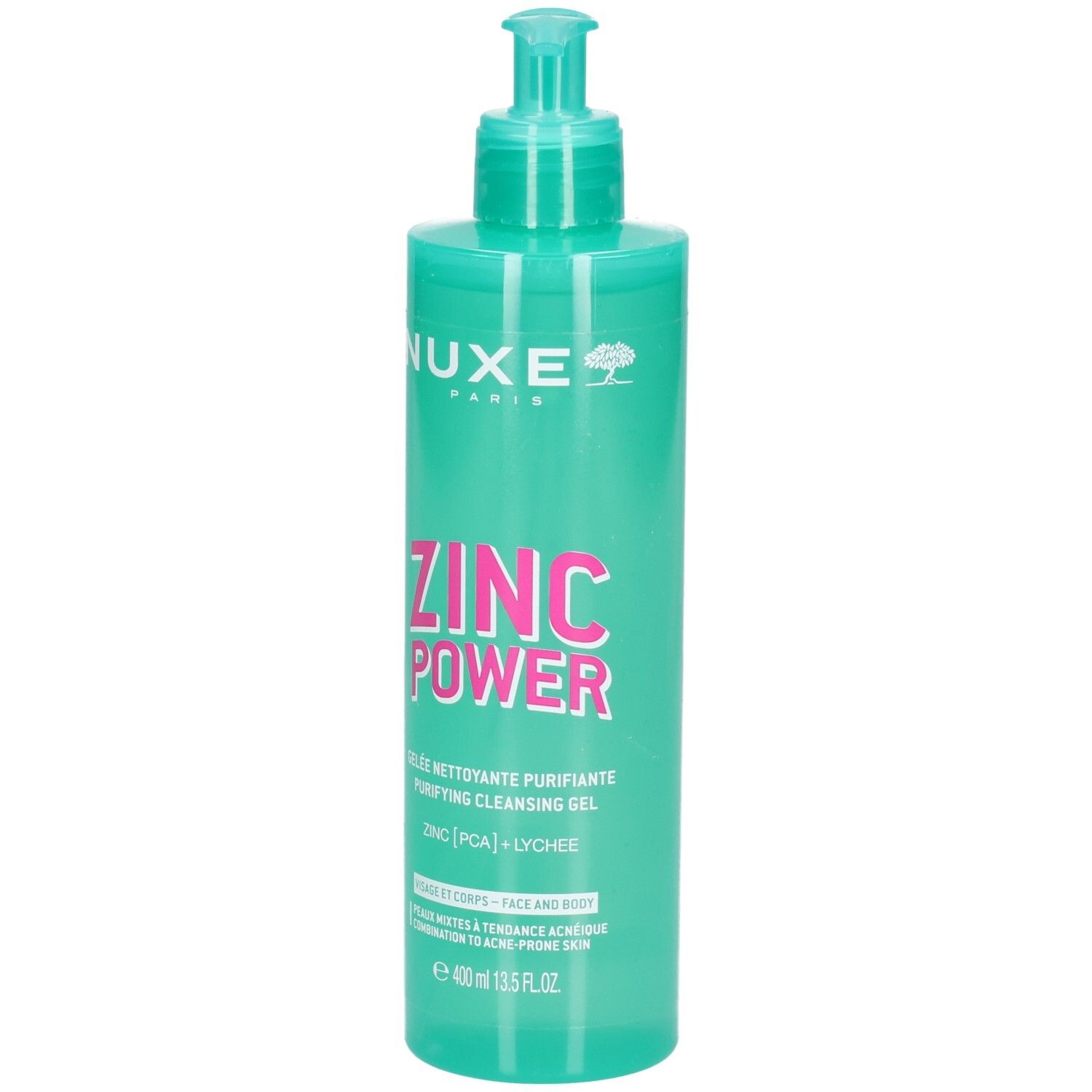 Nuxe Zinc Power Reinigungs-Gel in türkiser Flasche mit Pumpspender, Vorderansicht.